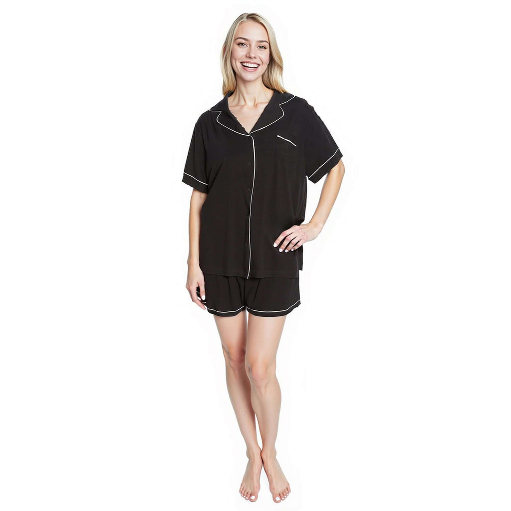 Daisy Dreamer Women's Black Short Pyjama Set - Super Soft Sleepwear with Button Up Top and Shorts With Pockets Relaxed Fit