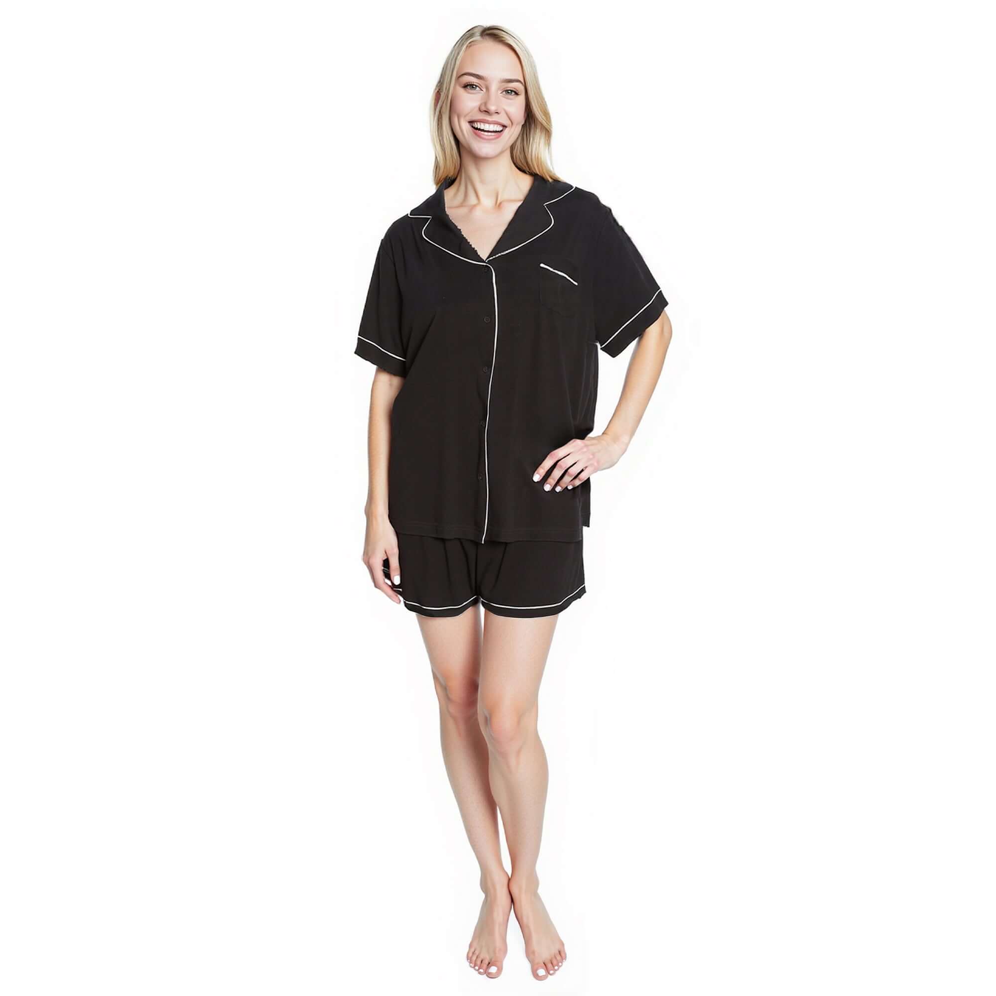 Daisy Dreamer Women's Black Short Pyjama Set - Super Soft Sleepwear with Button Up Top and Shorts With Pockets Relaxed Fit