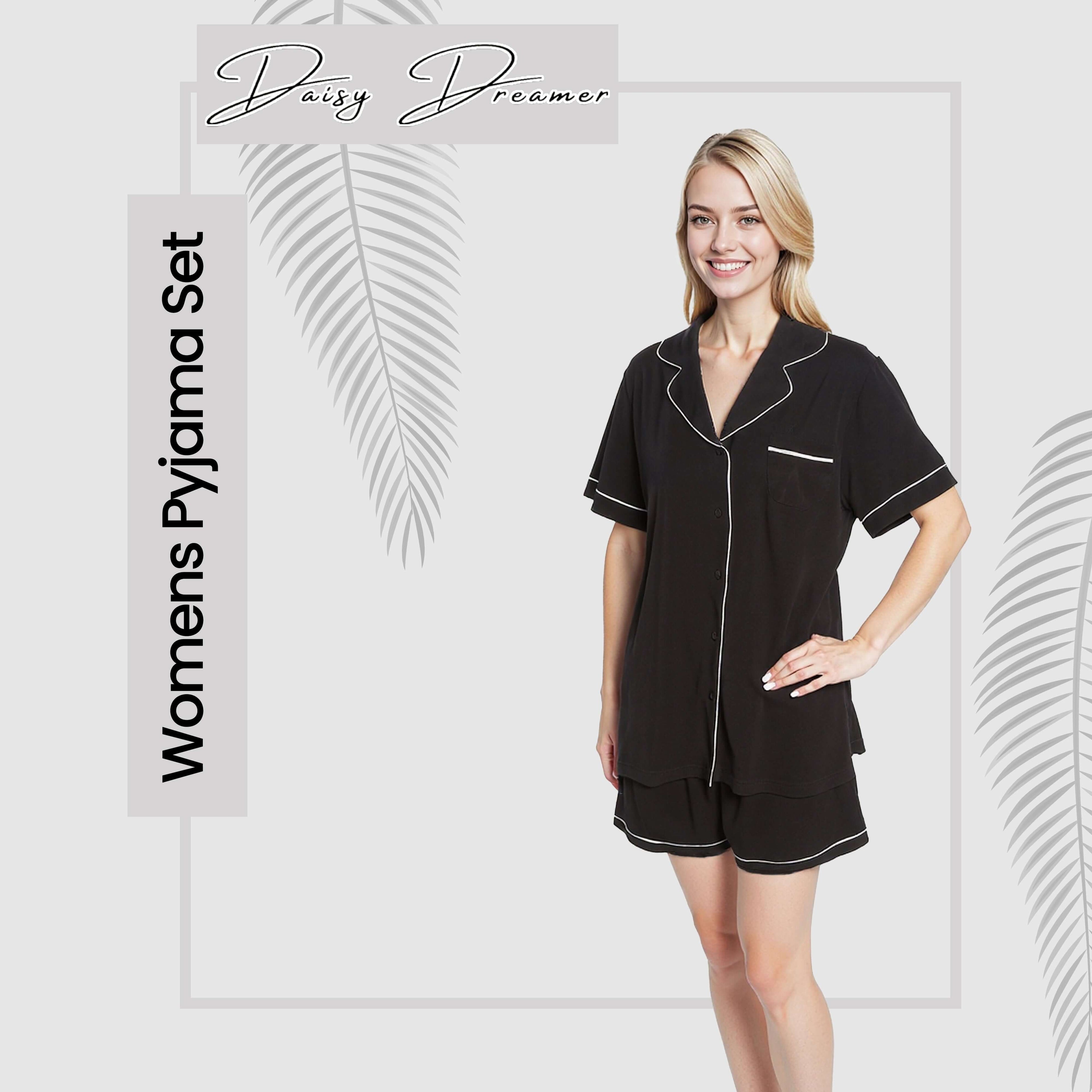 Daisy Dreamer Women's Black Short Pyjama Set - Super Soft Sleepwear with Button Up Top and Shorts With Pockets Relaxed Fit
