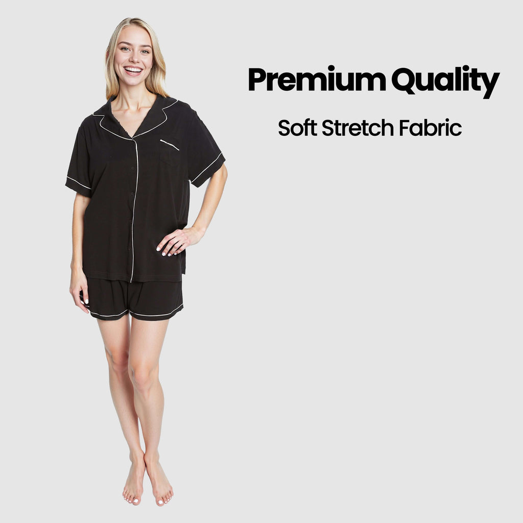 Daisy Dreamer Women's Black Short Pyjama Set - Super Soft Sleepwear with Button Up Top and Shorts With Pockets Relaxed Fit