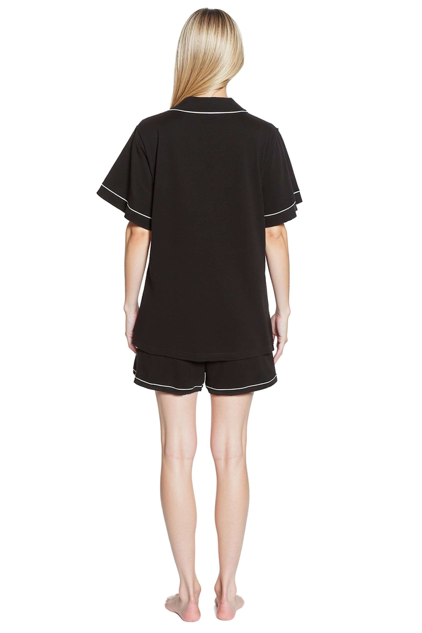 Women's Black Short Pyjama Set Super Soft Sleepwear Nightwear Button Up Top and Shorts with Pockets PJs by Daisy Dreamer