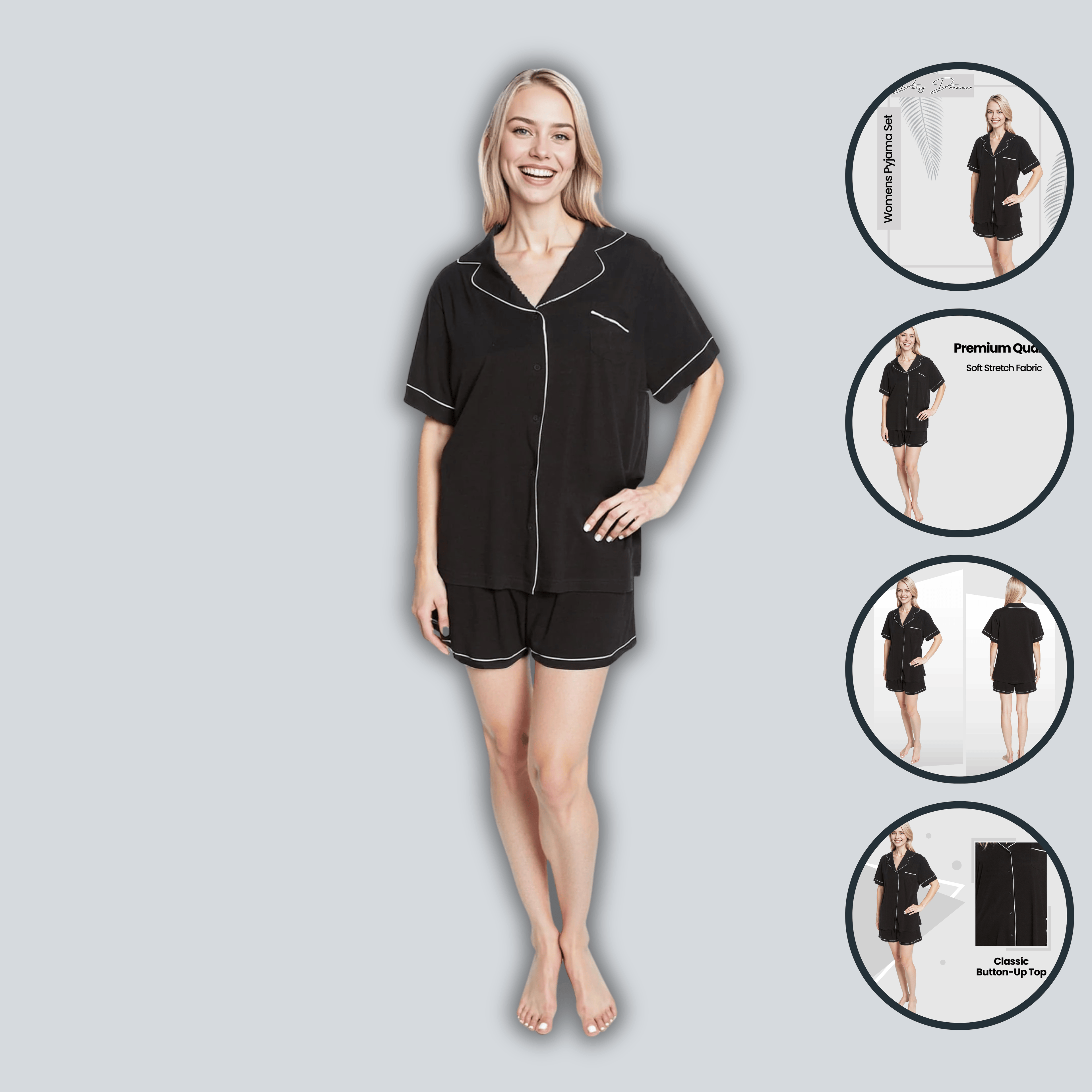 Daisy Dreamer Women's Black Short Pyjama Set - Super Soft Sleepwear with Button Up Top and Shorts With Pockets Relaxed Fit