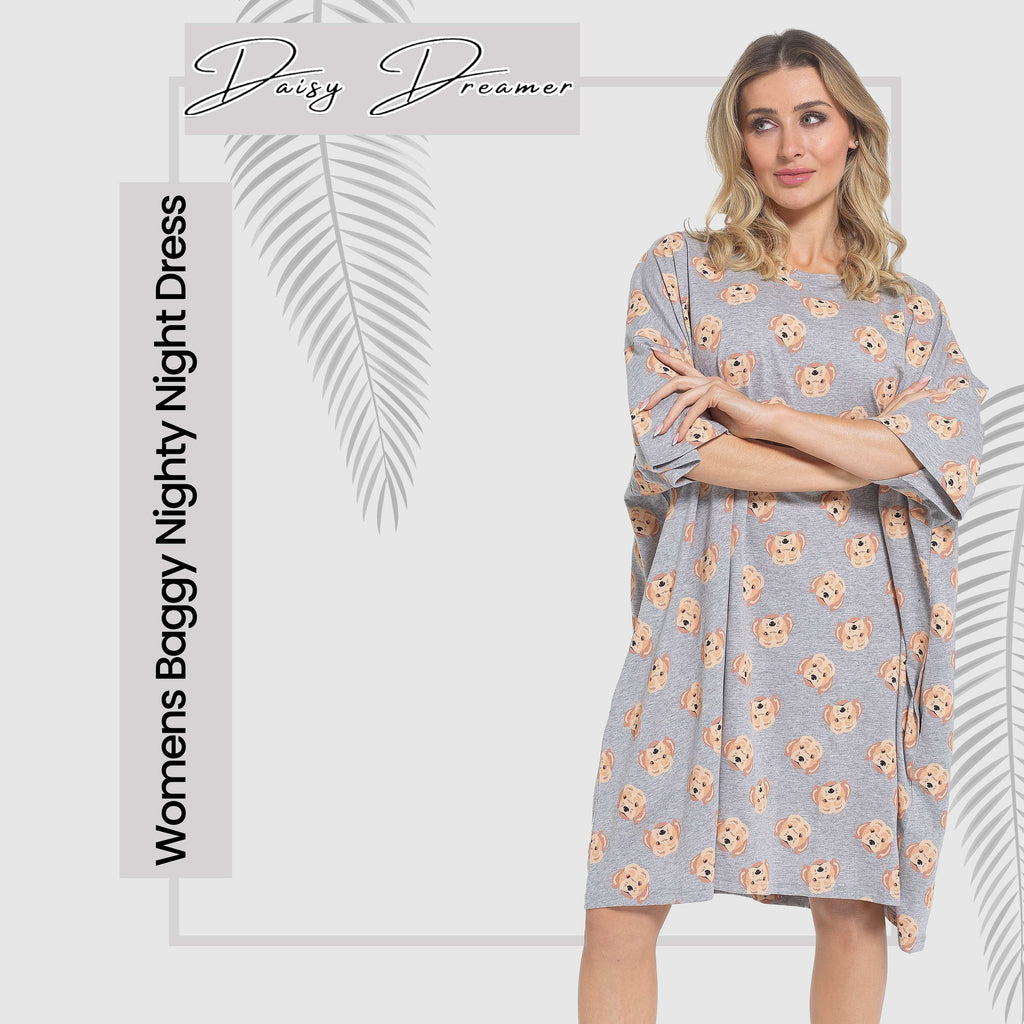 OLIVIA ROCCO Women's Cockapoo Baggy Nighty Dress 100 Percent Cotton Oversized Nightshirt Short Sleeved Nighties For Ladies Daisy Dreamer