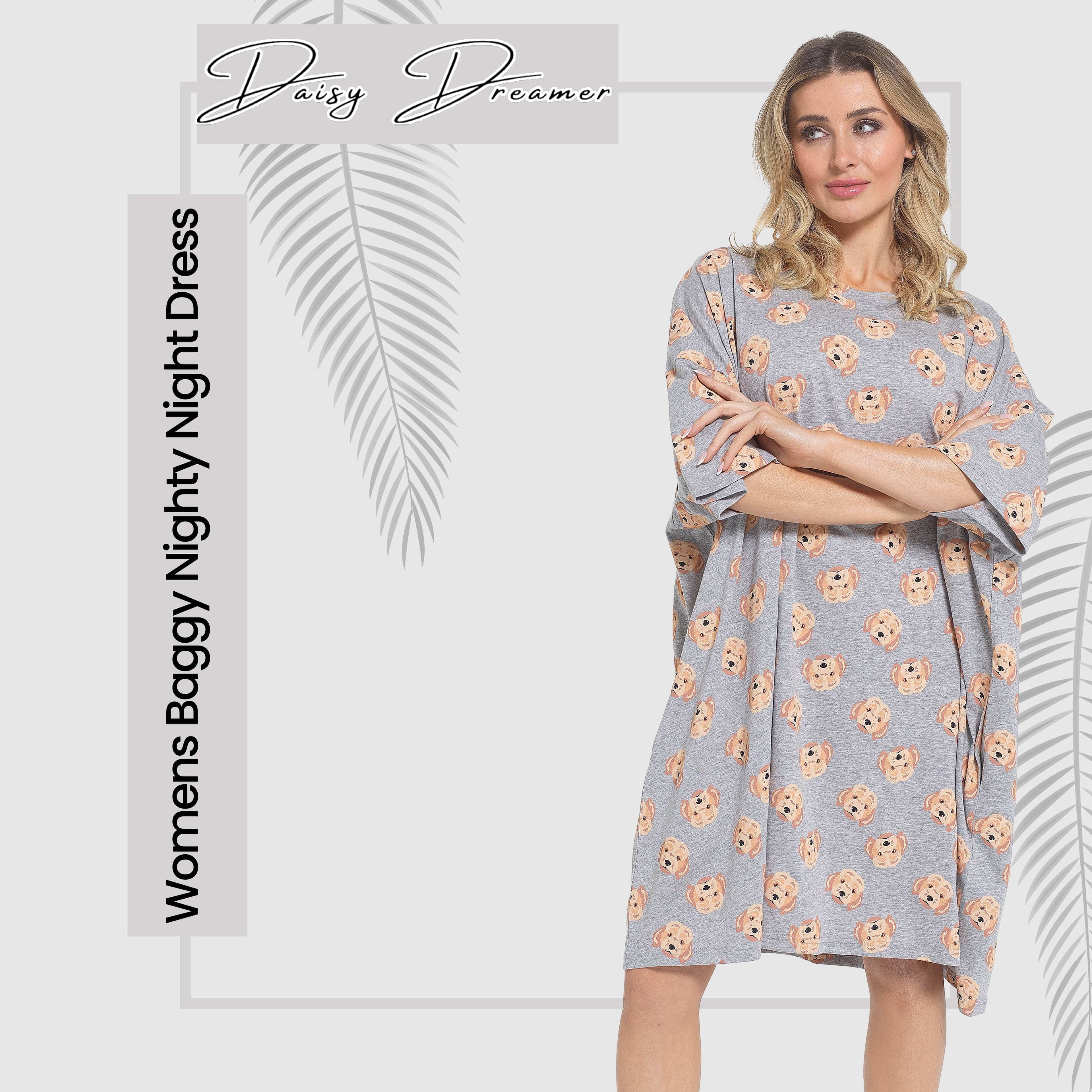 OLIVIA ROCCO Women's Cockapoo Baggy Nighty Dress 100 Percent Cotton Oversized Nightshirt Short Sleeved Nighties For Ladies Daisy Dreamer