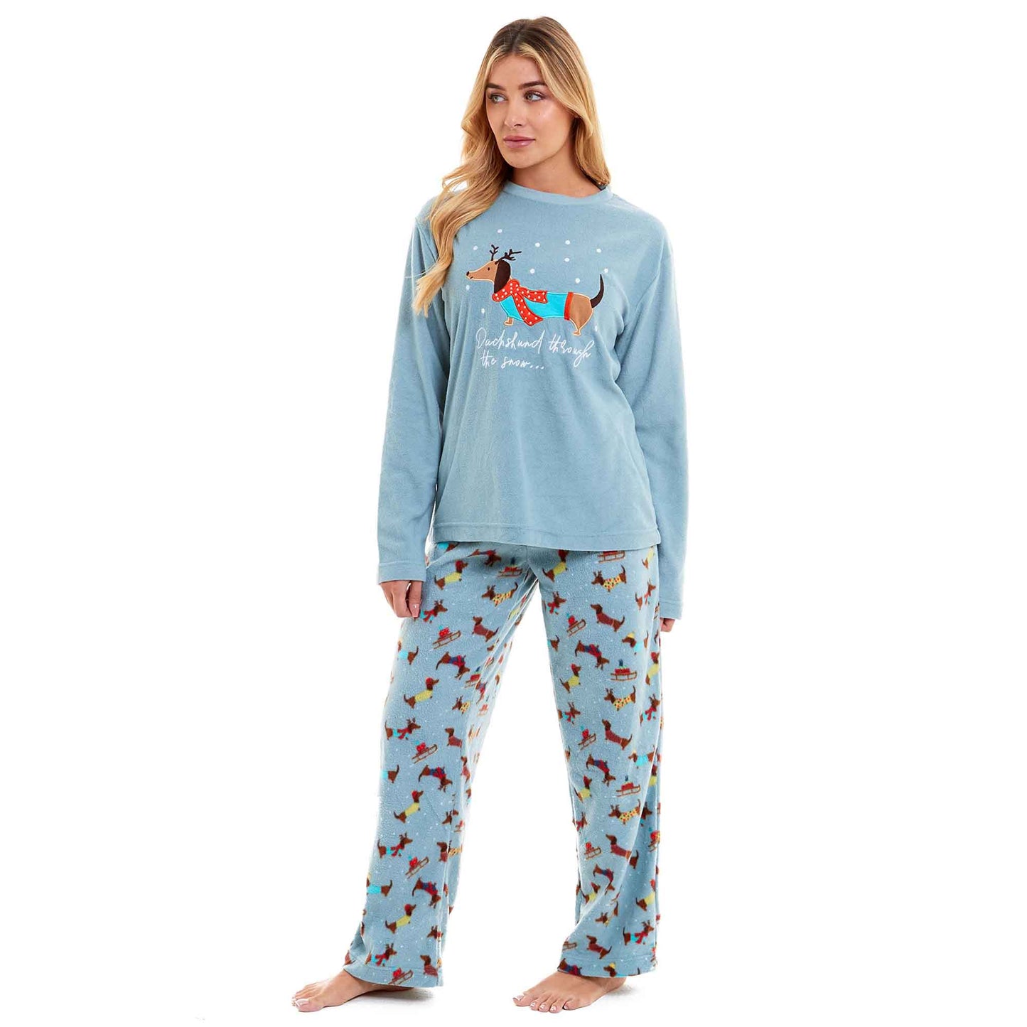 Women's Cosy Dachshund Polar Fleece Pyjama Set with Hood Embroidered Detailing Soft Nightwear Warm Loungewear Ideal Gift for Chilly Nights by Daisy Dreamer