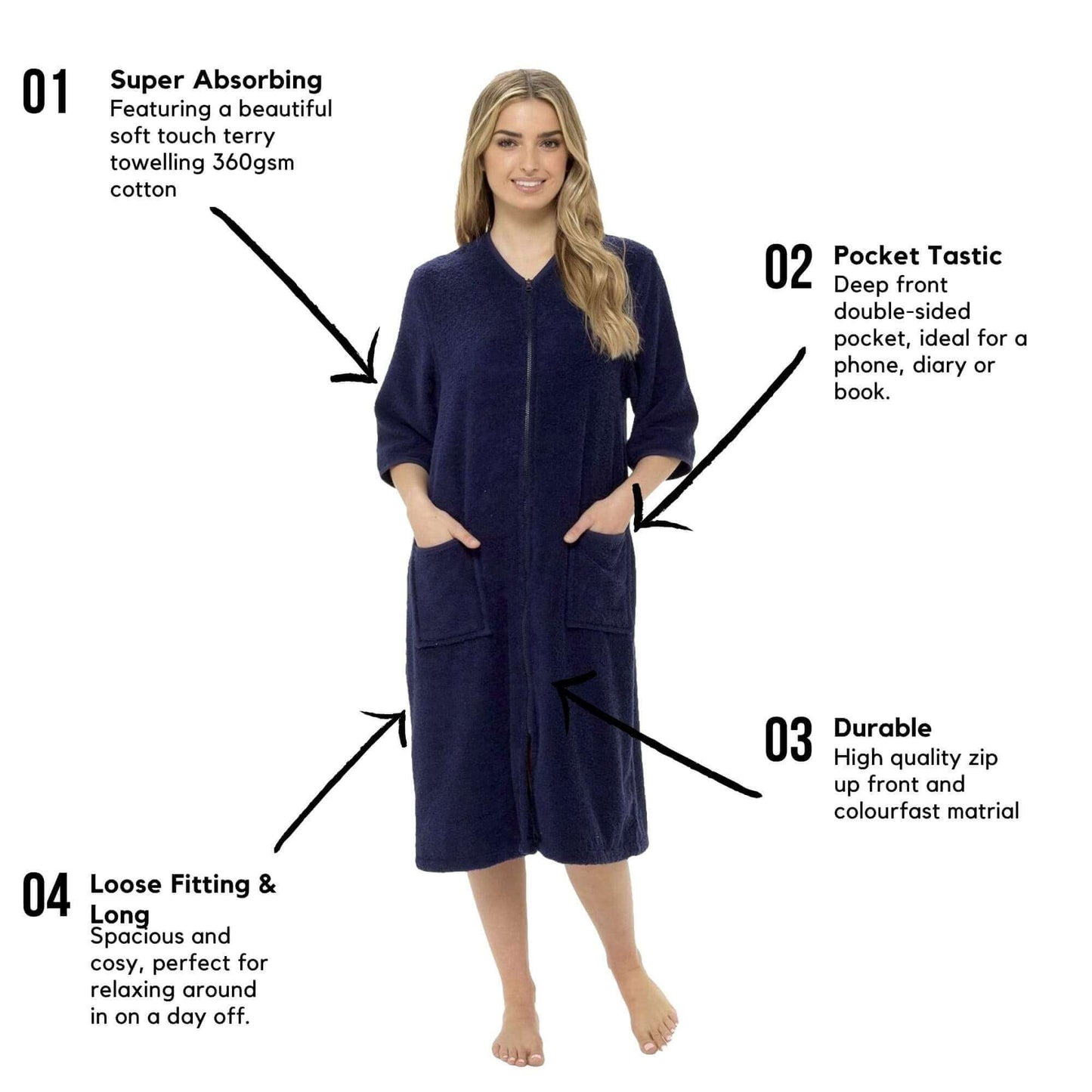 Women's Cotton Terry Towelling Bath Robe Zip Through Ultra Absorbent Soft and Luxurious Dressing Gown Perfect for Post Shower Relaxation by Daisy Dreamer