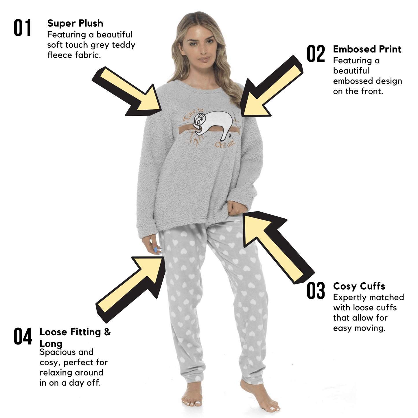 Women's Cozy Sloth Teddy Fleece Pyjama Set Super Soft Warm Loungewear Sleepwear with Trendy Design and Comfortable Fit Pants Perfect for Cold Nights Multiple Sizes by Daisy Dreamer