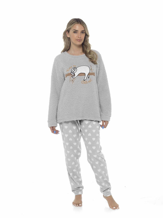 Women's Cozy Sloth Teddy Fleece Pyjama Set Super Soft Warm Loungewear Sleepwear with Trendy Design and Comfortable Fit Pants Perfect for Cold Nights Multiple Sizes by Daisy Dreamer