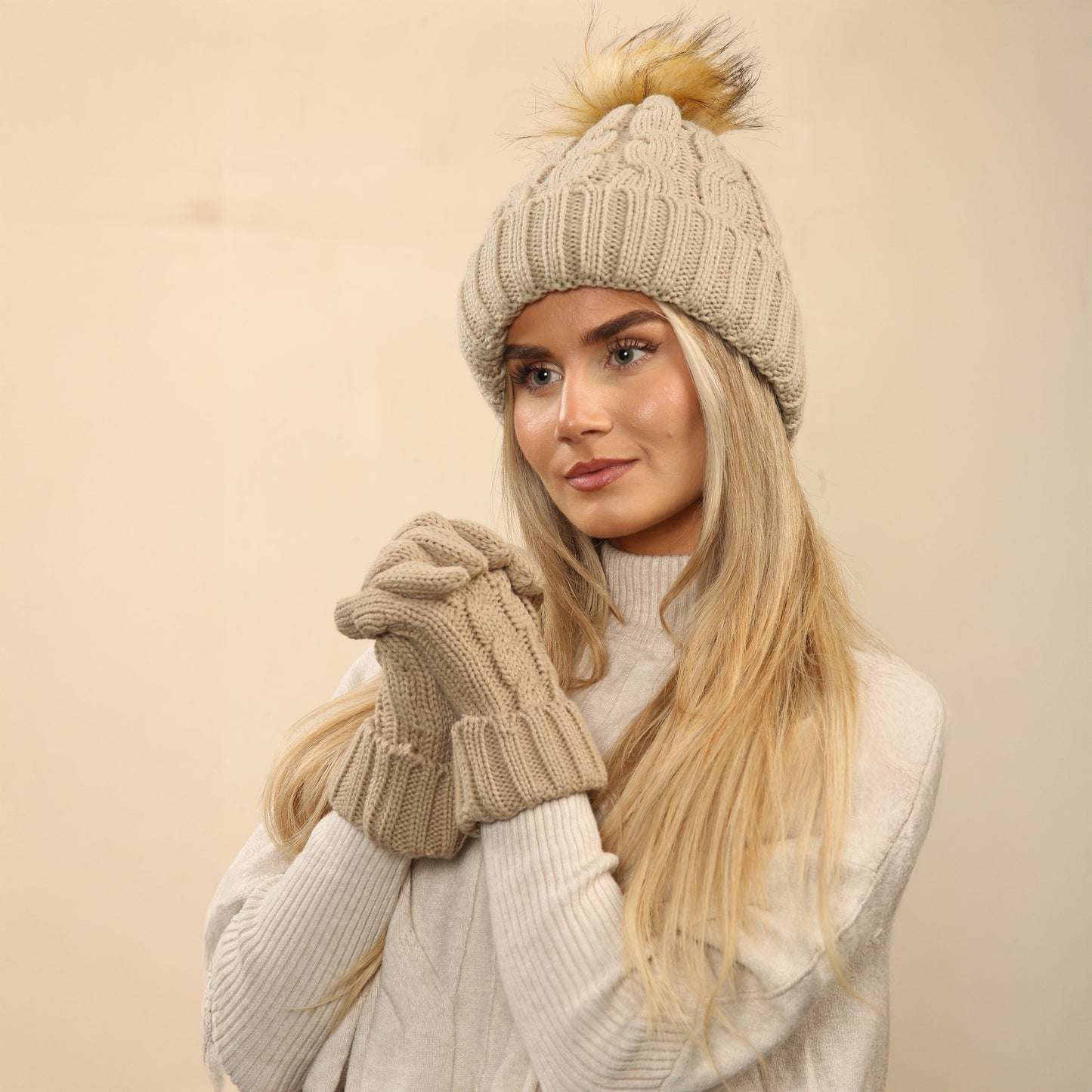 Women's Cream Chunky Knit Winter Hat & Gloves Set Faux Fur Pom Pom Warm & Stylish Beanie for Ladies By Heatwave Thermalwear