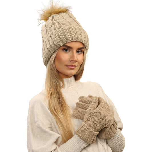 Women's Cream Chunky Knit Winter Hat & Gloves Set Faux Fur Pom Pom Warm & Stylish Beanie for Ladies By Heatwave Thermalwear