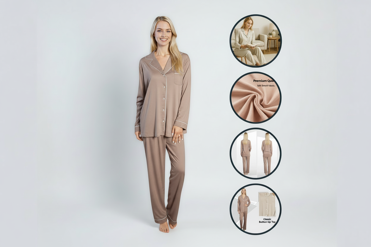 Daisy Dreamer Women's Grey Pyjama Set Soft Touch Long Sleeve Button Up Top and Bottoms