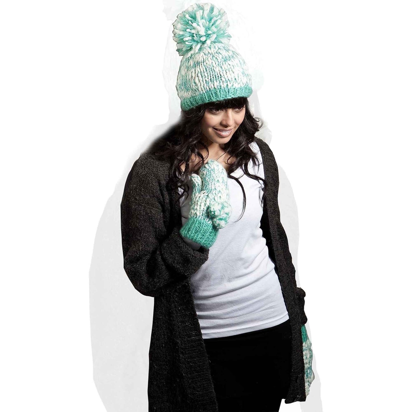 Women's Hand Knitted Daisy Pattern Winter Hat Headband Mittens Set with Pom Pom in Red Green Pink for Outdoor Activities and Holiday Gifts by Sock Stack