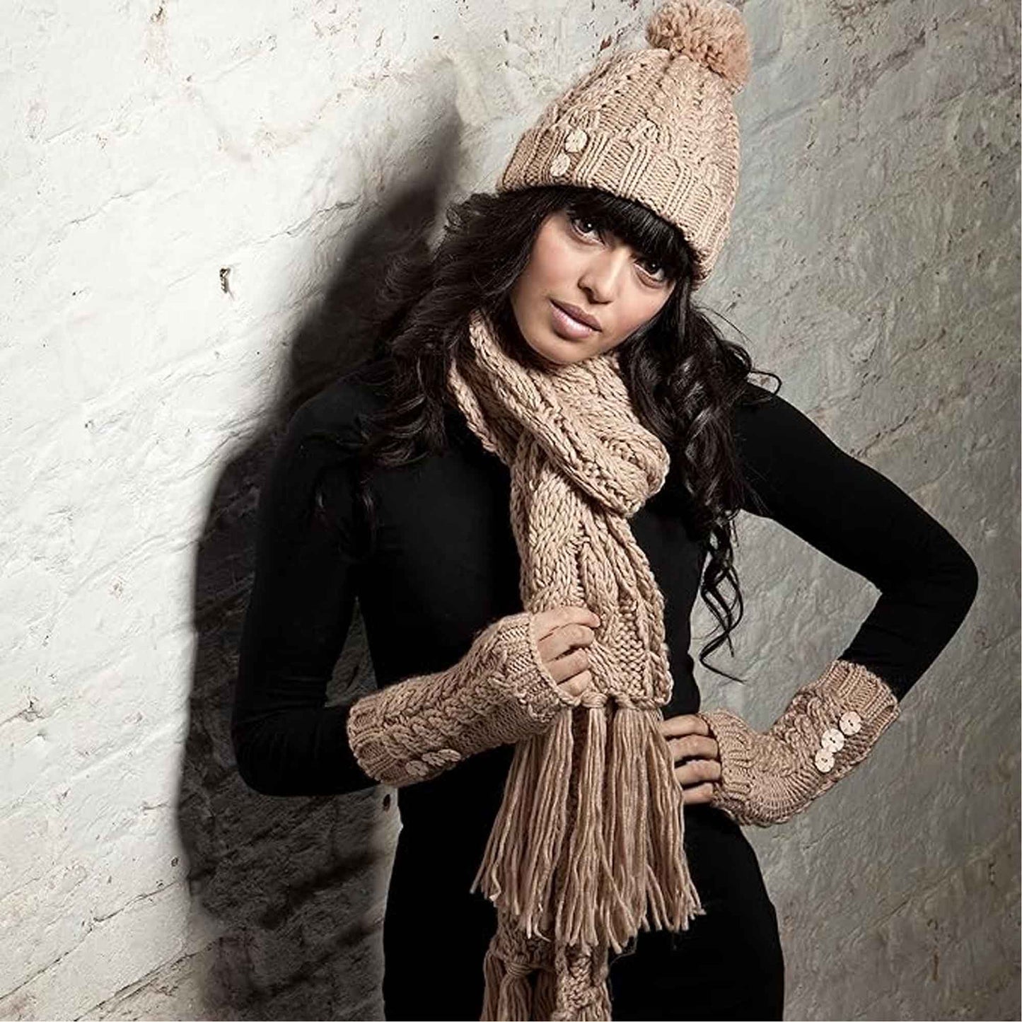 Women's Hand-Knitted Winter Hat Scarf and Hand Warmer Set with Inga Button Design Luxurious Acrylic Adjustable Fit Elegant Brown and Cream by Sock Stack