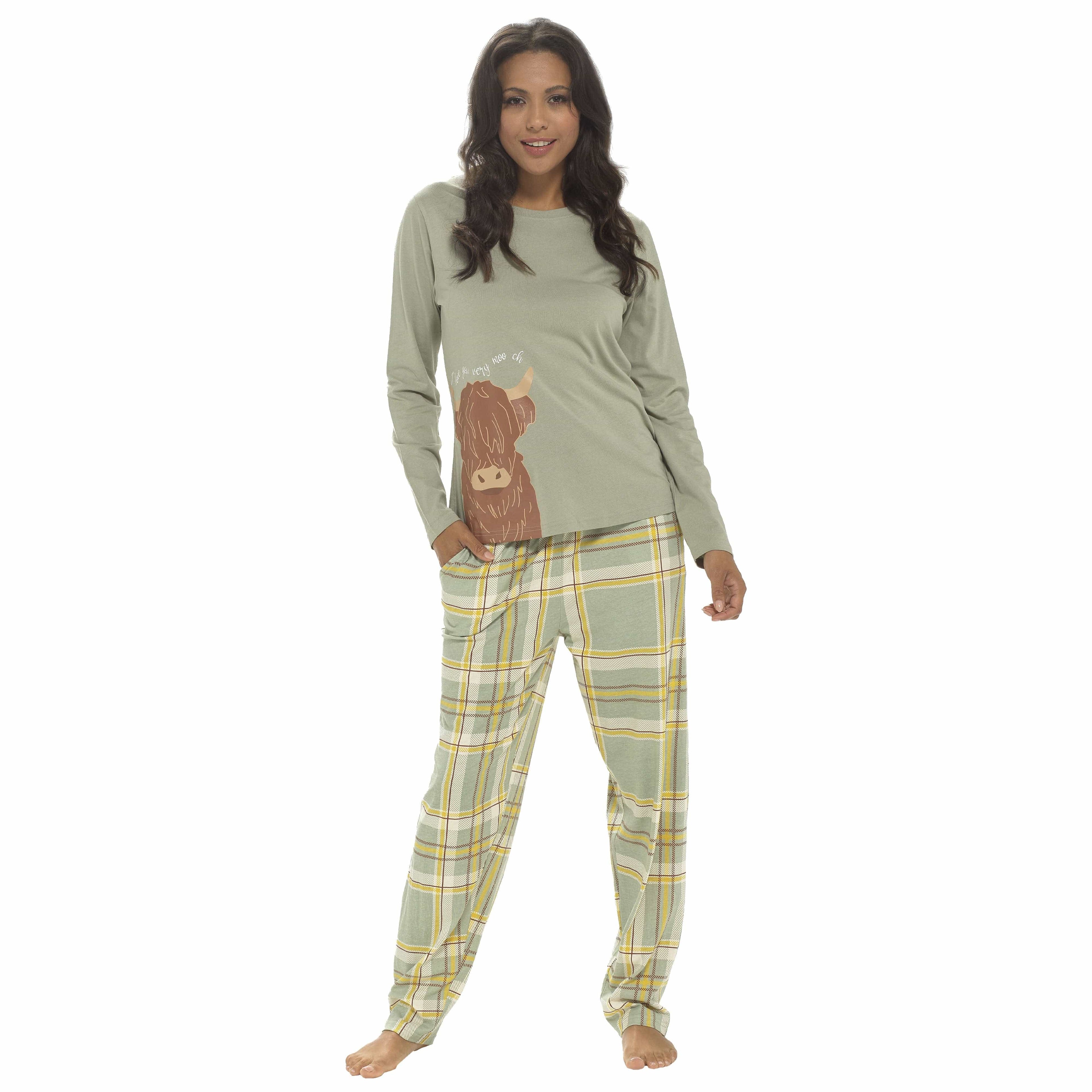 Daisy Dreamer Womens Highland Cow Print Cotton Jersey Pyjama Set Long Sleeve Lounge Wear