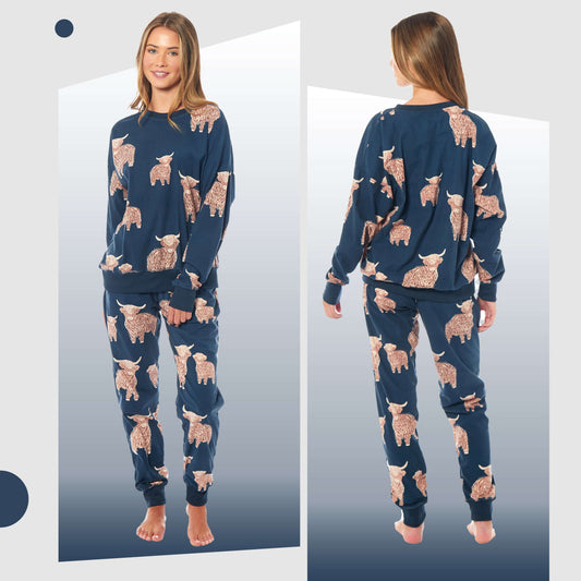 Women's Highland Cow Printed Soft Fleece Pyjama Set Long Sleeve Animal Warm PJs Loungewear Sleepwear for Ladies by Daisy Dreamer
