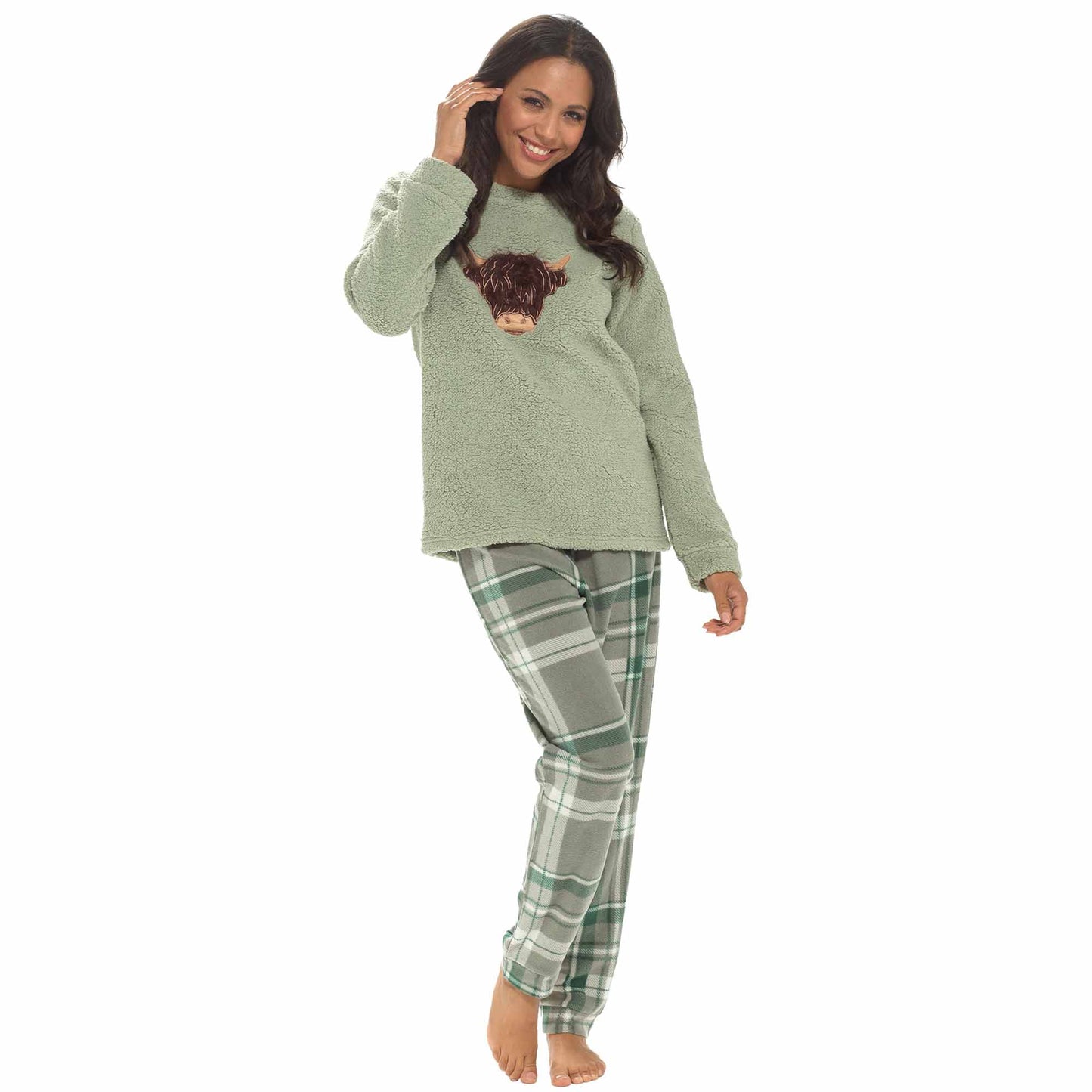 Women's Highland Cow Warm Soft Fleece Pyjama Set Cozy Loungewear PJs by Daisy Dreamer