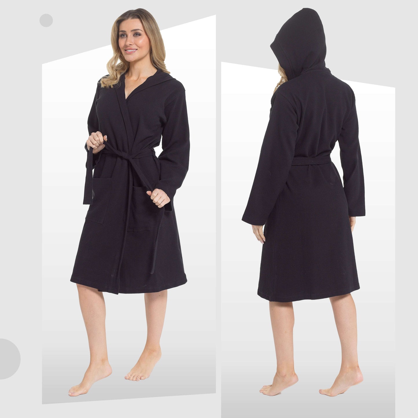 Women's Hooded Waffle Cotton Bathrobe Black Super Absorbent Spa Dressing Gown for Home Lounge & Travel by Daisy Dreamer