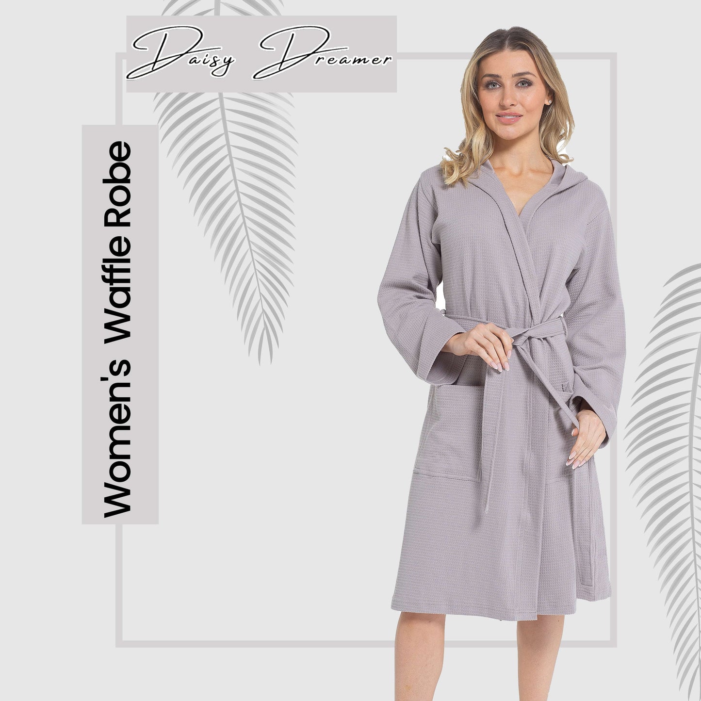 Women's Hooded Waffle Cotton Bathrobe Grey Super Absorbent Spa Dressing Gown for Home Lounge & Travel by Daisy Dreamer