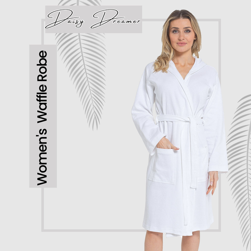 OLIVIA ROCCO Hooded Waffle Cotton Bathrobe For Ladies White 100 Percent Cotton Super Absorbent Spa Dressing Gown For Home Lounge Travel