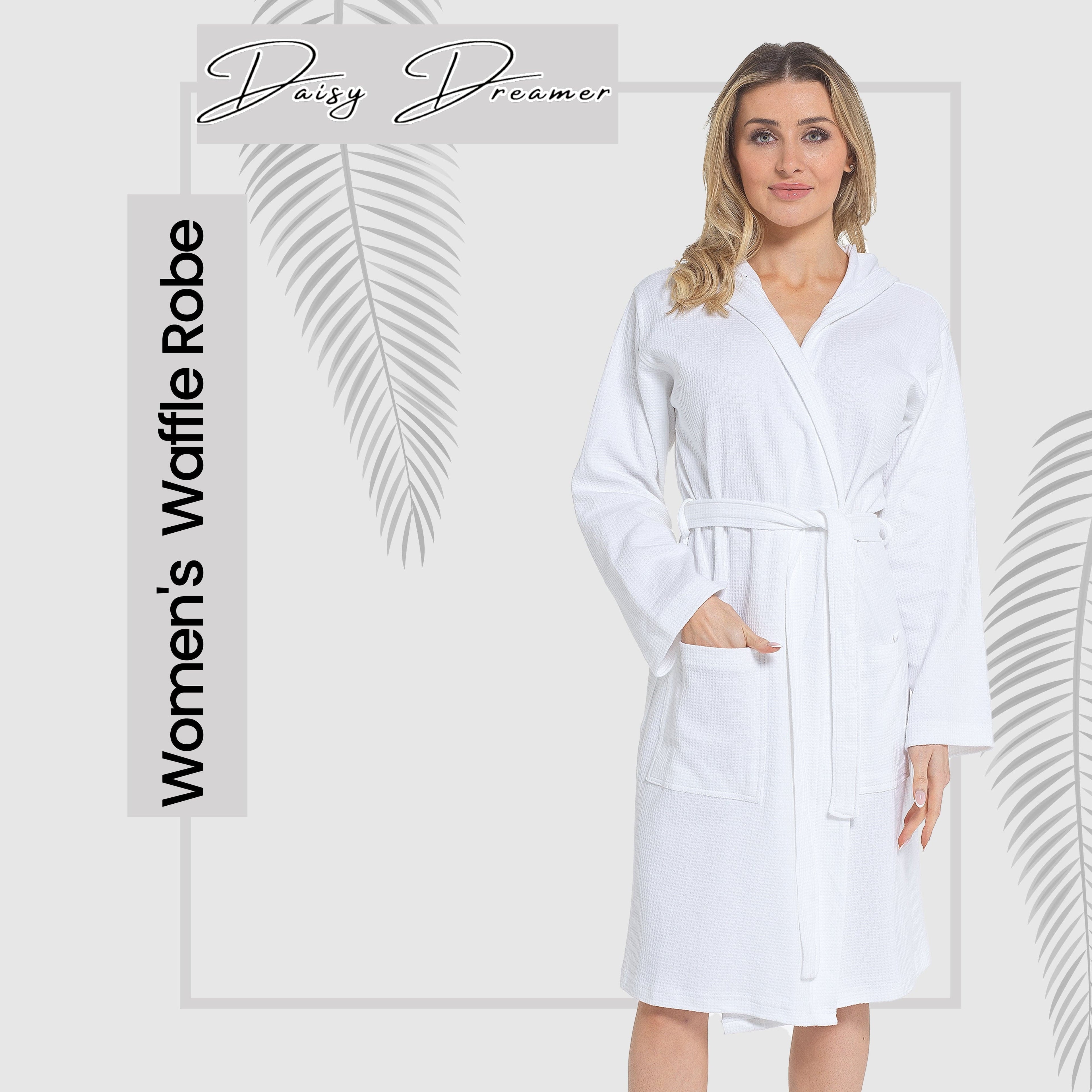 OLIVIA ROCCO Hooded Waffle Cotton Bathrobe For Ladies White 100 Percent Cotton Super Absorbent Spa Dressing Gown For Home Lounge Travel