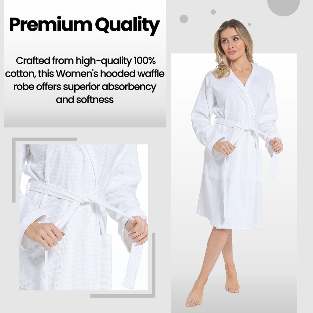 OLIVIA ROCCO Hooded Waffle Cotton Bathrobe For Ladies White 100 Percent Cotton Super Absorbent Spa Dressing Gown For Home Lounge Travel