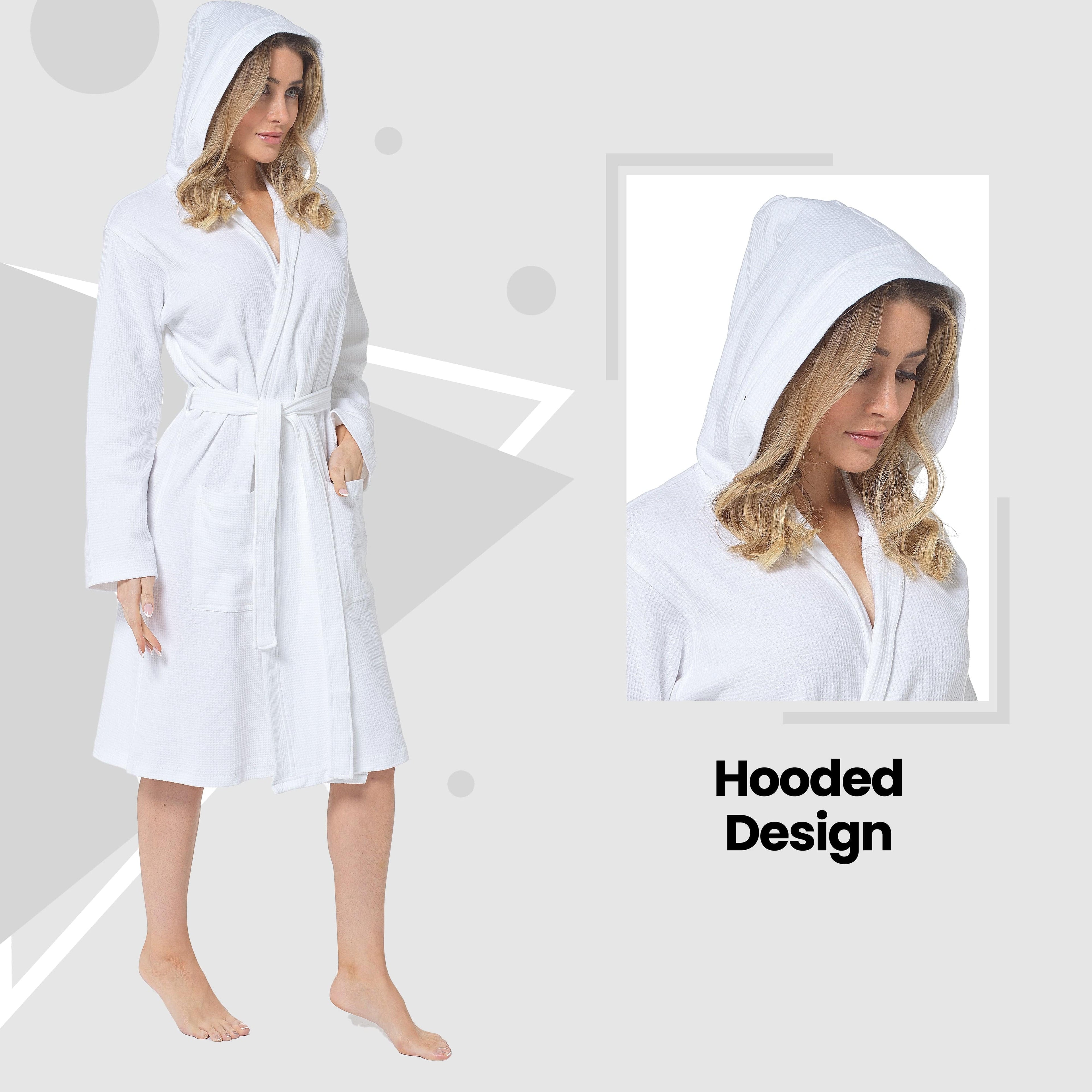 OLIVIA ROCCO Hooded Waffle Cotton Bathrobe For Ladies White 100 Percent Cotton Super Absorbent Spa Dressing Gown For Home Lounge Travel