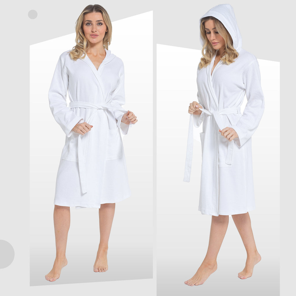 OLIVIA ROCCO Hooded Waffle Cotton Bathrobe For Ladies White 100 Percent Cotton Super Absorbent Spa Dressing Gown For Home Lounge Travel
