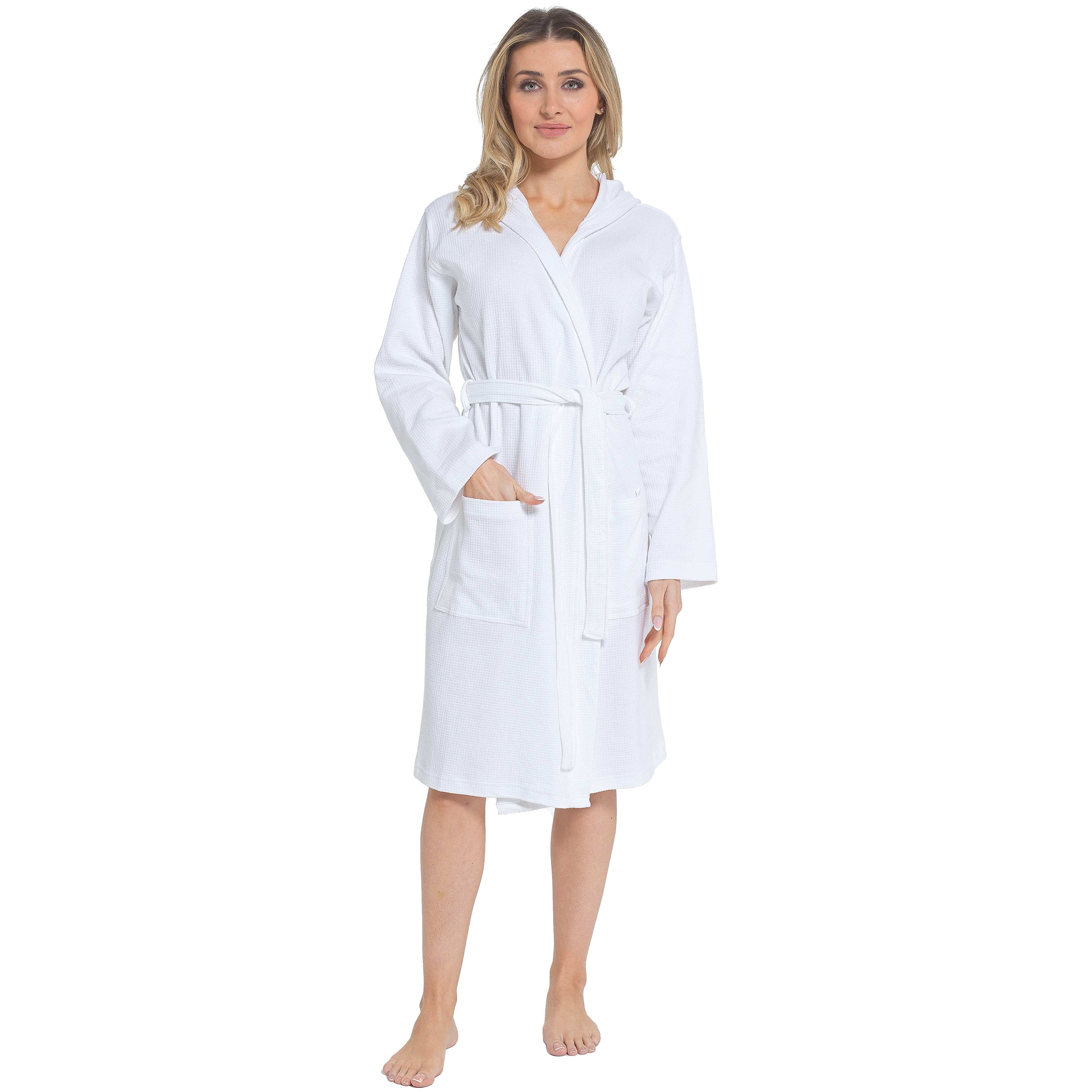 OLIVIA ROCCO Hooded Waffle Cotton Bathrobe For Ladies White 100 Percent Cotton Super Absorbent Spa Dressing Gown For Home Lounge Travel