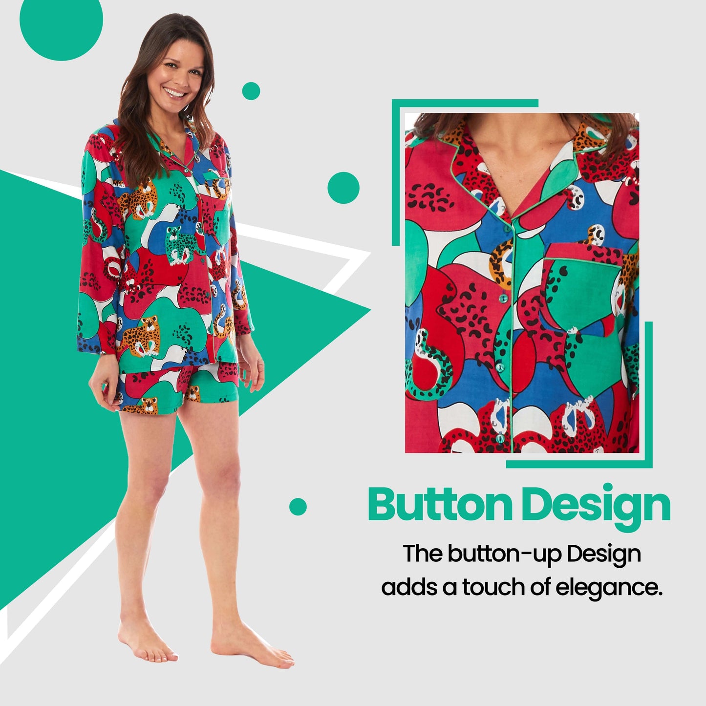 Women's Jaguar Jungle Leopard Print Short Pyjama Set Button Up Shorts Loungewear Sleepwear Soft Breathable Comfortable Stylish PJs Sizes S M L XL by Daisy Dreamer