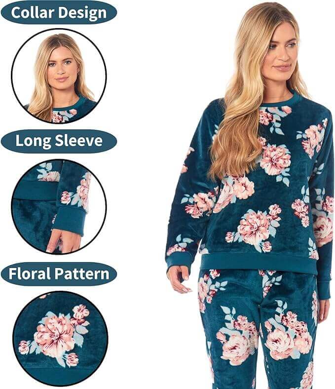 Women's Luxurious Floral Fleece Pyjama Set with Long Sleeve Top and Elastic Waist Pajamas Elegant Sleepwear for Warmth by Daisy Dreamer