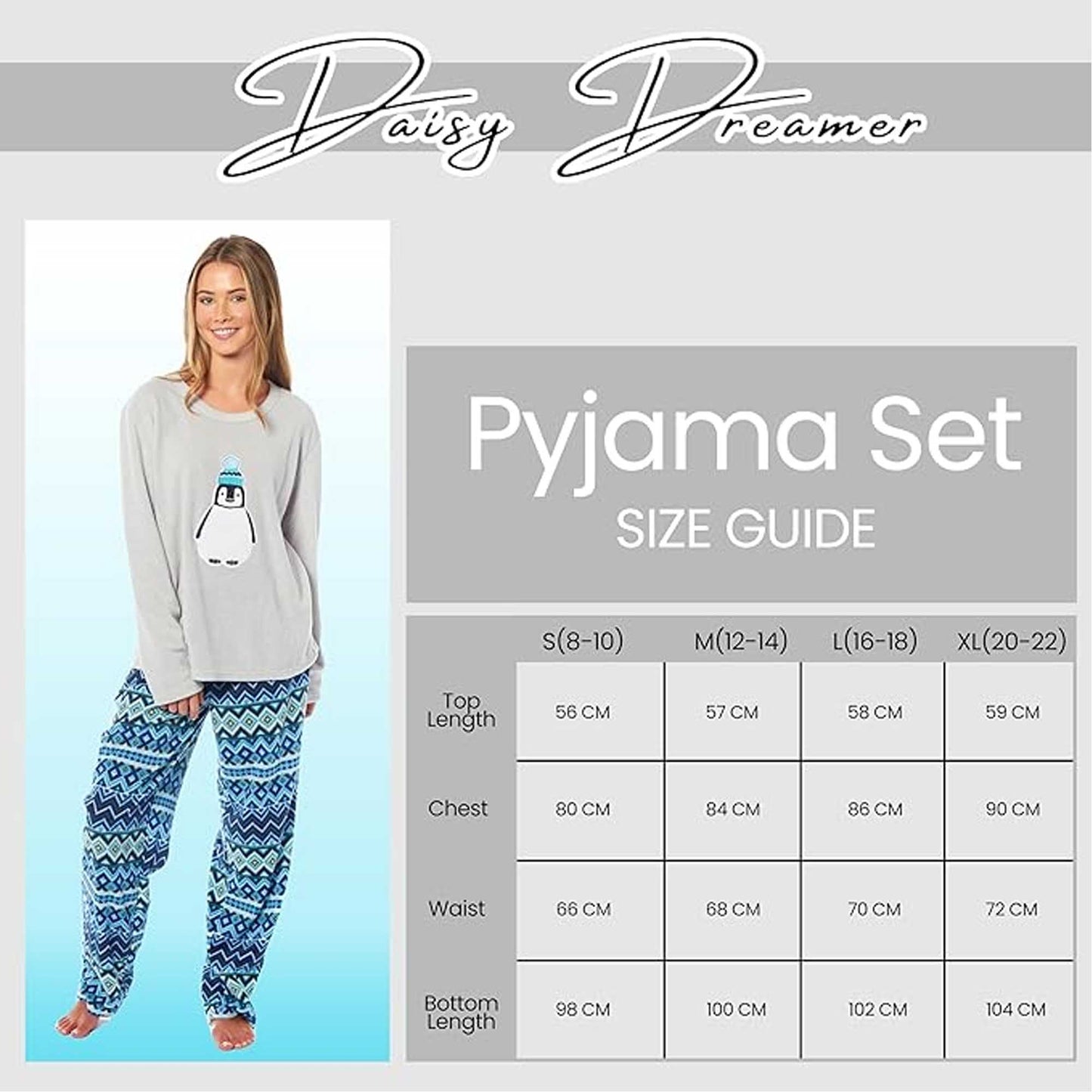 Women's Penguin Thermal Fleece Pyjamas Set Soft Warm Winter PJs Animal Print Loungewear Sleepwear Long Sleeve Top and Bottom by Daisy Dreamer