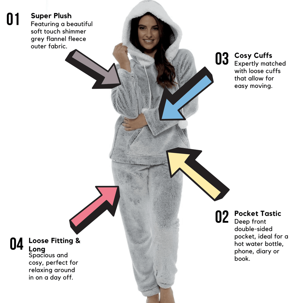 Daisy Dreamer Women's Plush Fleece Hooded Pyjama Set in Shimmer Grey Cosy Winter