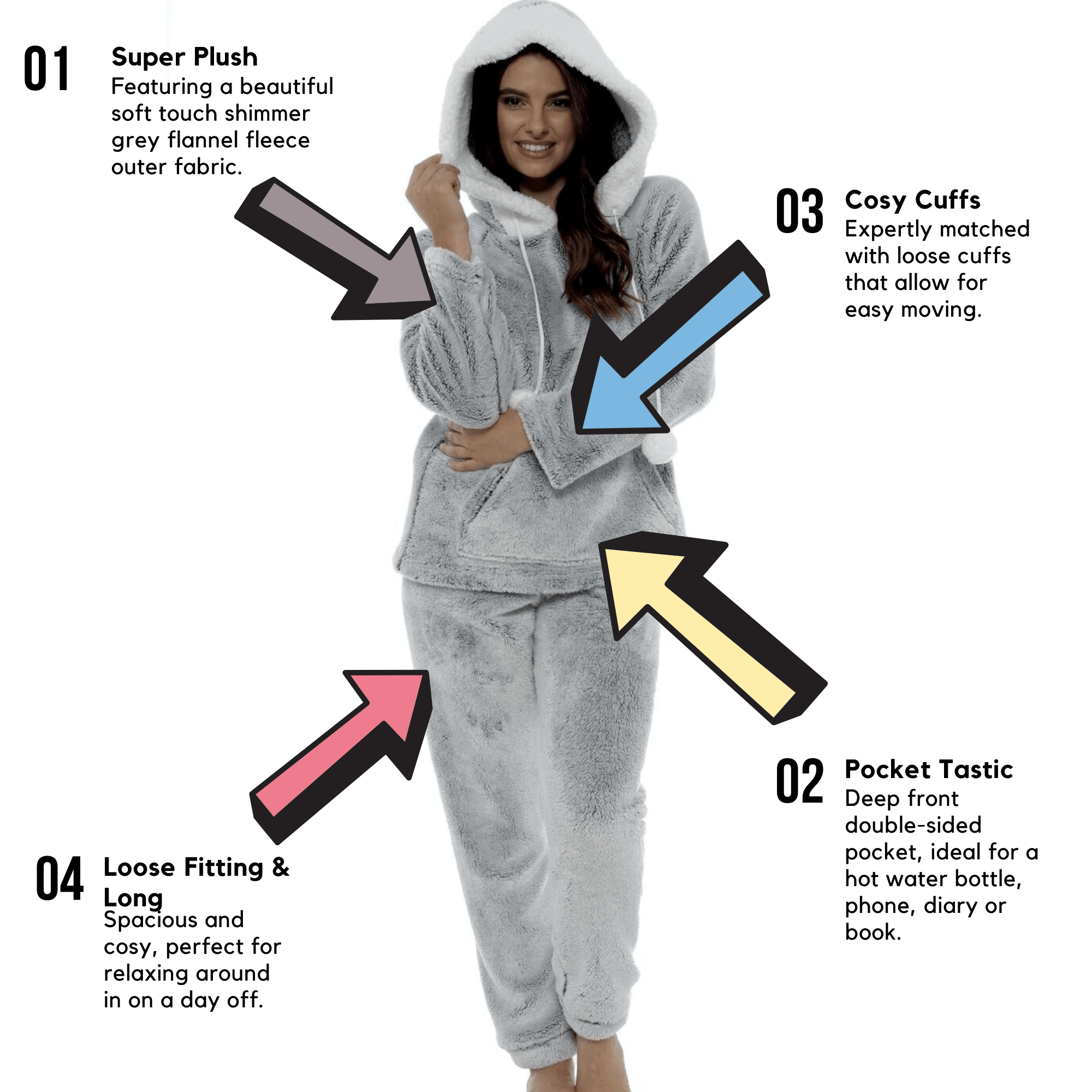 Daisy Dreamer Women's Plush Fleece Hooded Pyjama Set in Shimmer Grey Cosy Winter
