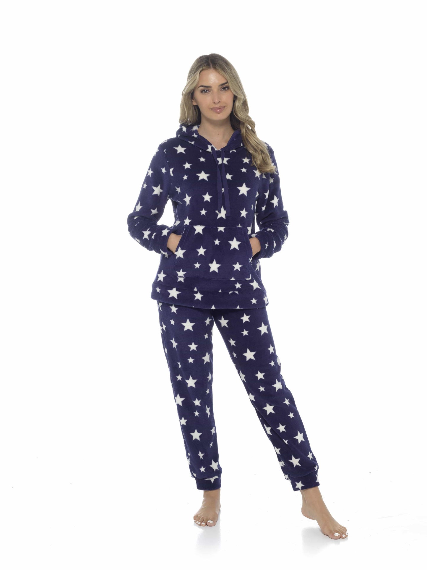 Women's Plush Fleece Hooded Pyjama Set Stars Design Soft Teddy Fabric Cosy Nightwear Loungewear Warm Comfortable Multiple Sizes by Daisy Dreamer