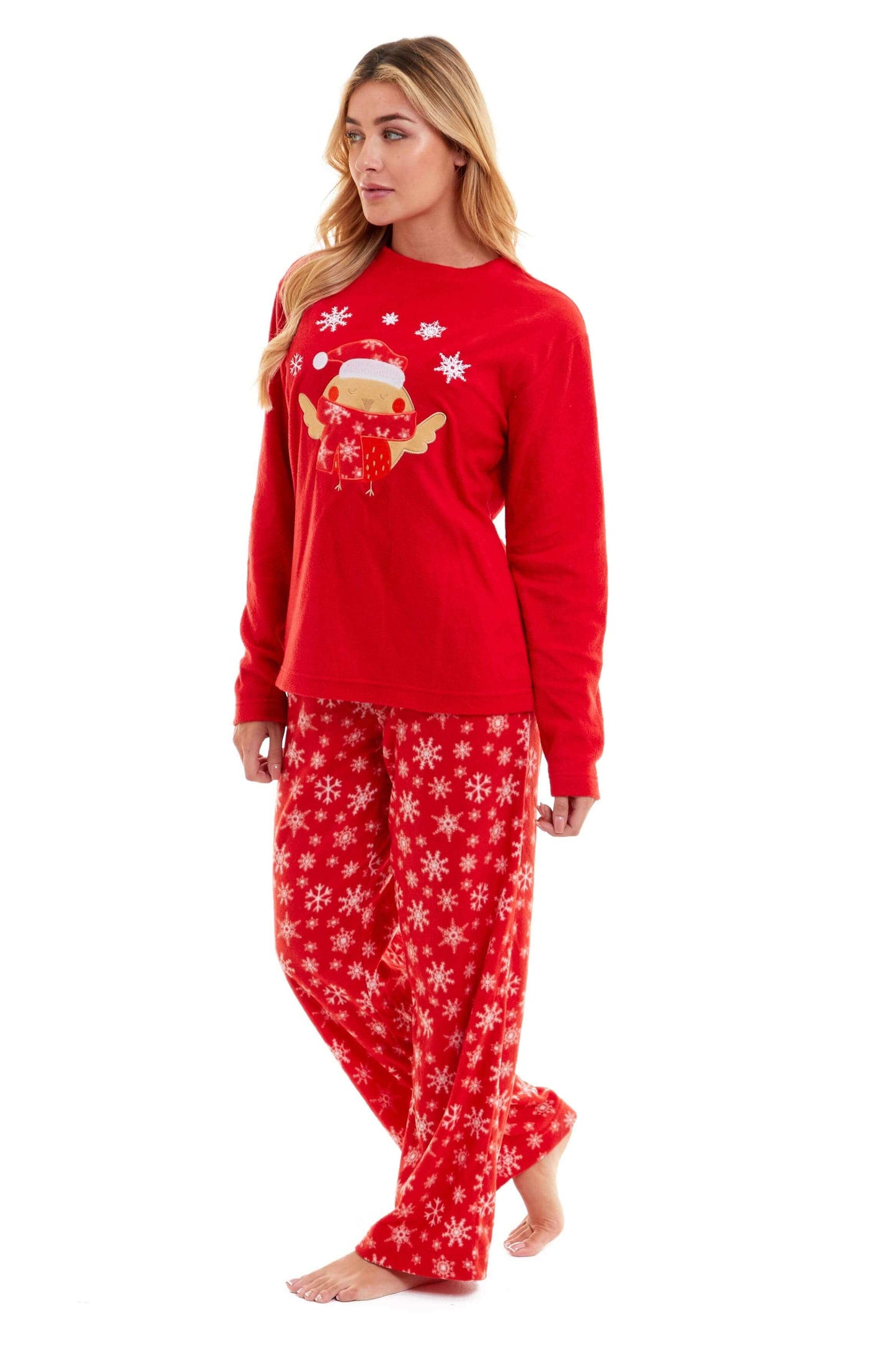 Women's Red Robin Polar Fleece Pyjama Set Super Soft Hooded Top and Elasticated Pants with Embroidered Detailing by Daisy Dreamer