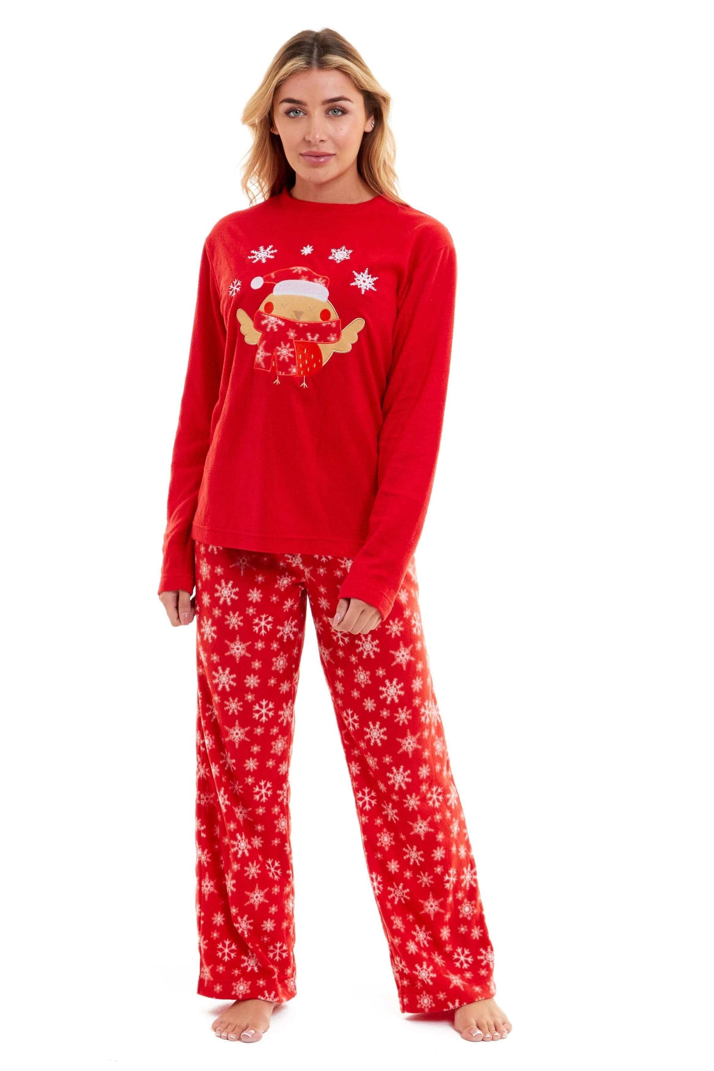 Women's Red Robin Polar Fleece Pyjama Set Super Soft Hooded Top and Elasticated Pants with Embroidered Detailing by Daisy Dreamer