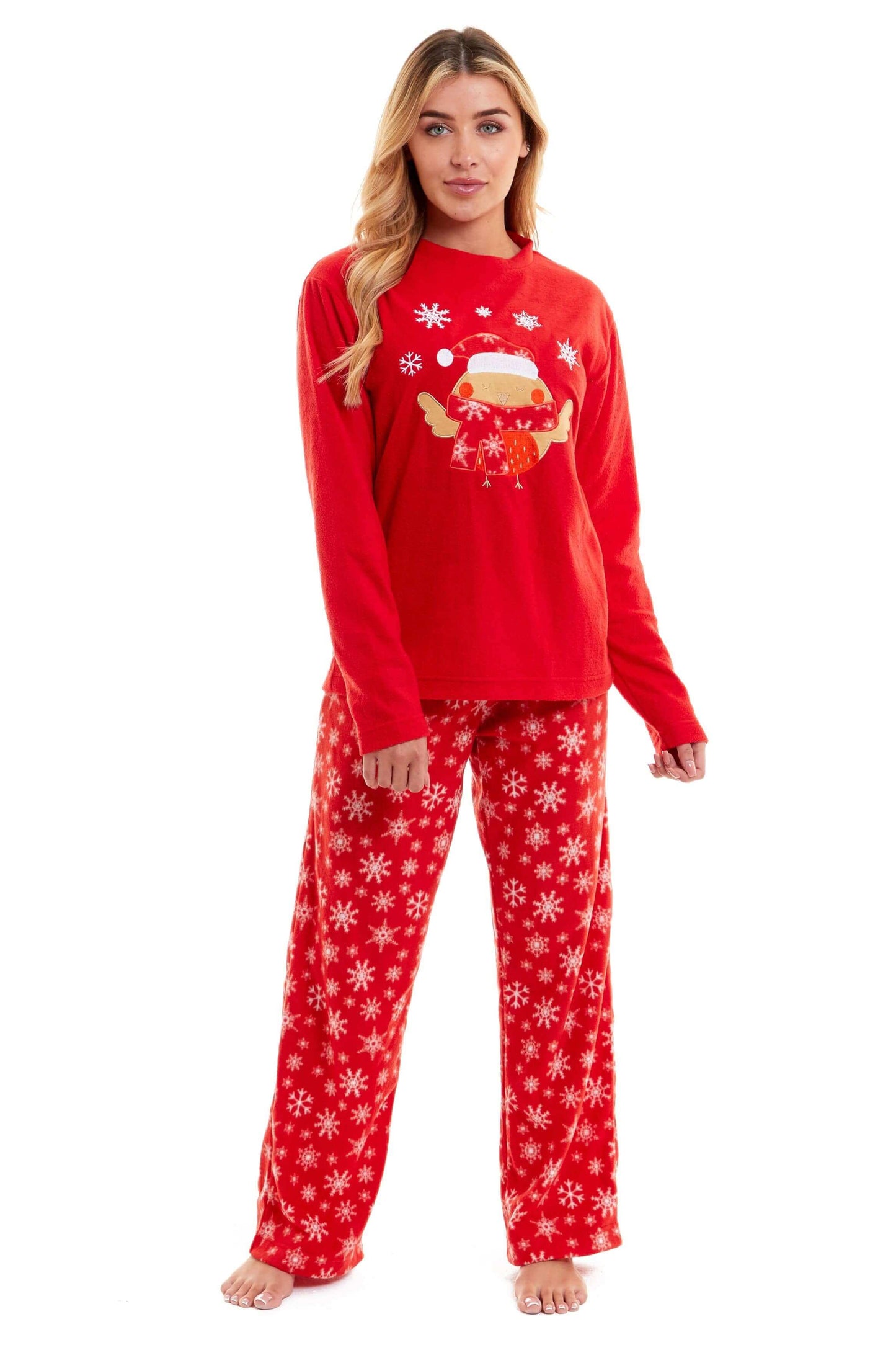 Women's Red Robin Polar Fleece Pyjama Set Super Soft Hooded Top and Elasticated Pants with Embroidered Detailing by Daisy Dreamer