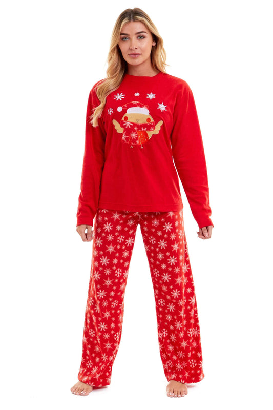Women's Red Robin Polar Fleece Pyjama Set Super Soft Hooded Top and Elasticated Pants with Embroidered Detailing by Daisy Dreamer