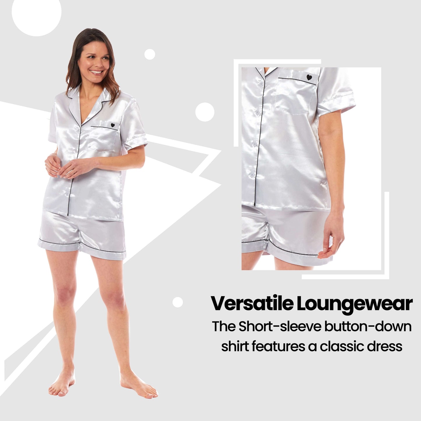 Women's Satin Silk Short Pyjama Set Soft Breathable Nightwear Loungewear PJs Black Pink Grey UK Sizes 8-22 by Daisy Dreamer