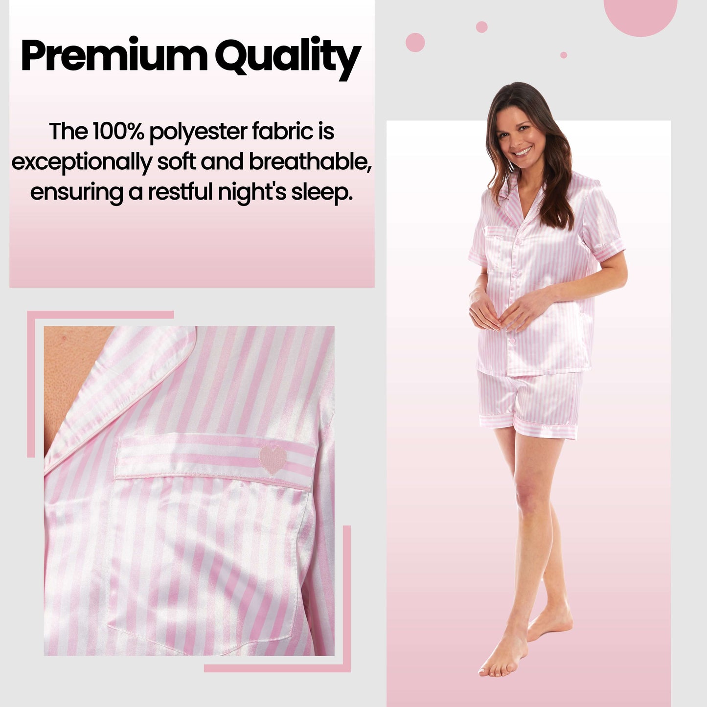 Women's Satin Silk Short Pyjama Set Soft Breathable Nightwear Loungewear PJs Black Pink Grey UK Sizes 8-22 by Daisy Dreamer