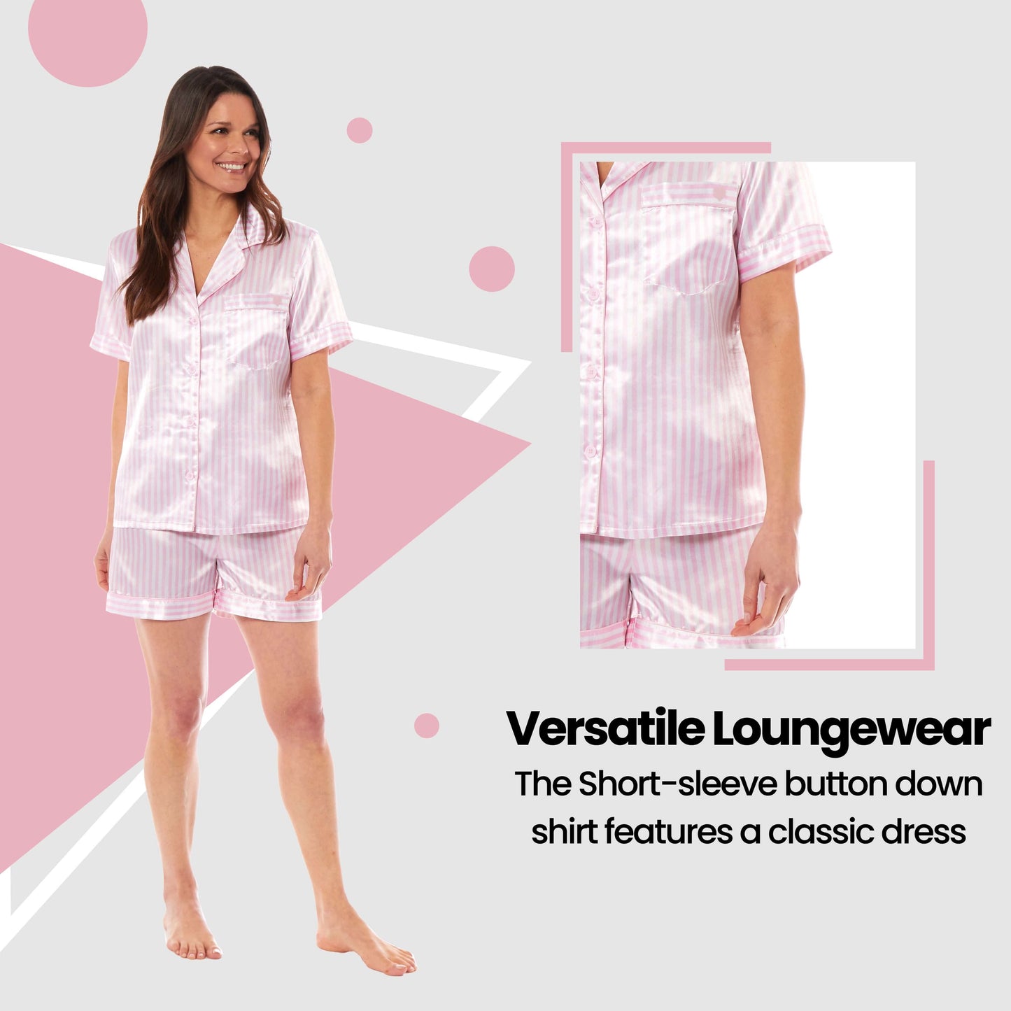 Women's Satin Silk Short Pyjama Set Soft Breathable Nightwear Loungewear PJs Black Pink Grey UK Sizes 8-22 by Daisy Dreamer