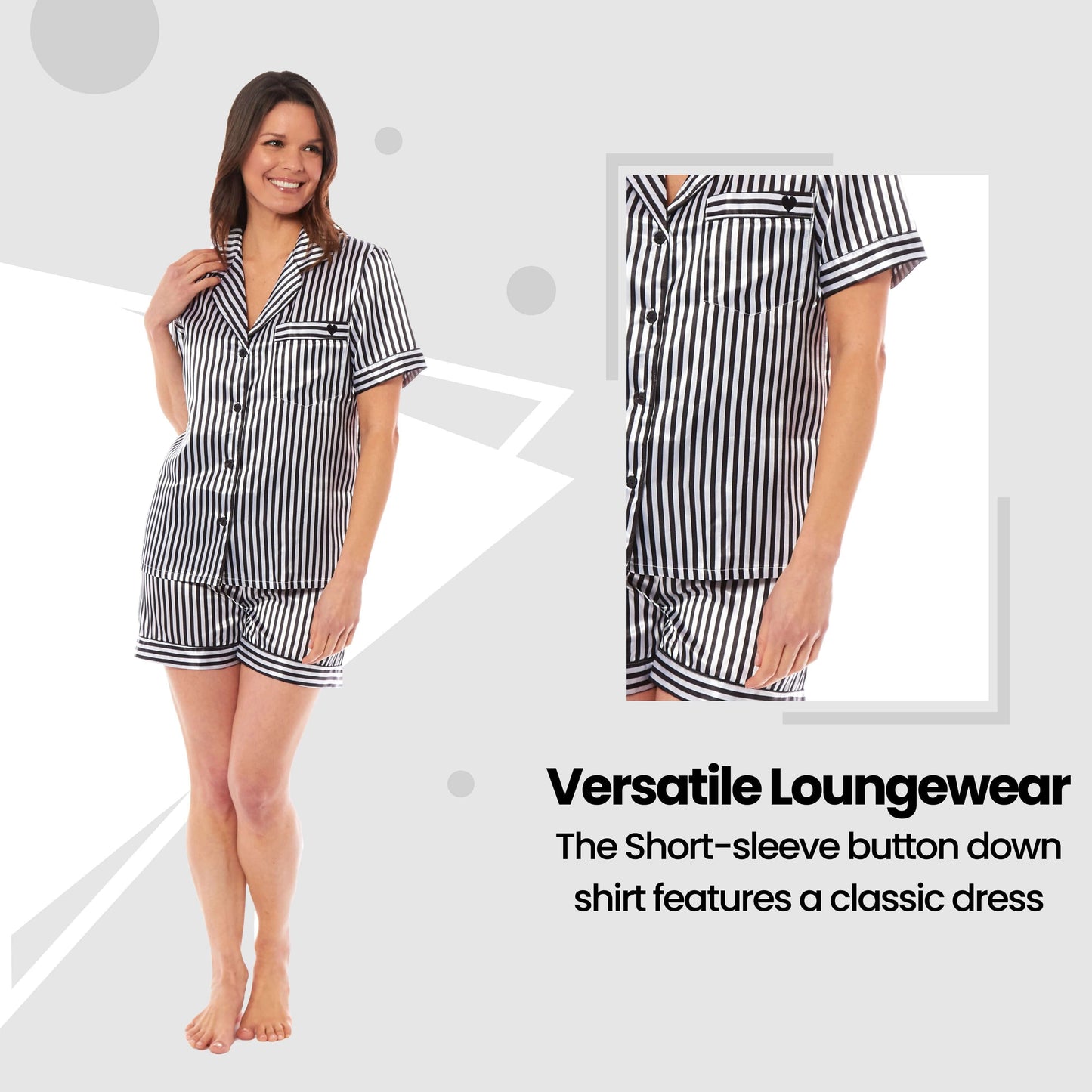 Women's Satin Silk Short Pyjama Set Soft Breathable Nightwear Loungewear PJs Black Pink Grey UK Sizes 8-22 by Daisy Dreamer