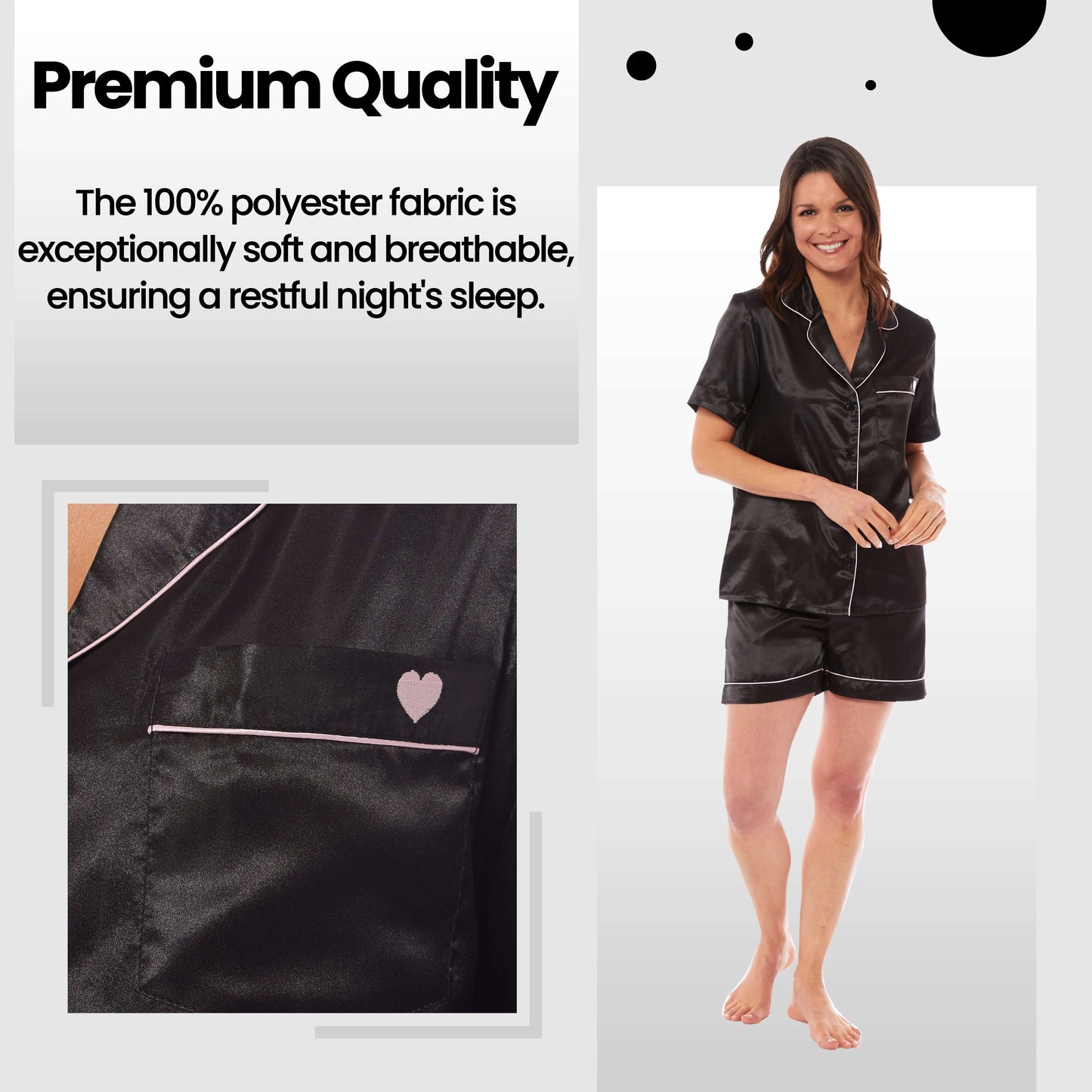 Women's Satin Silk Short Pyjama Set Soft Breathable Nightwear Loungewear PJs Black Pink Grey UK Sizes 8-22 by Daisy Dreamer