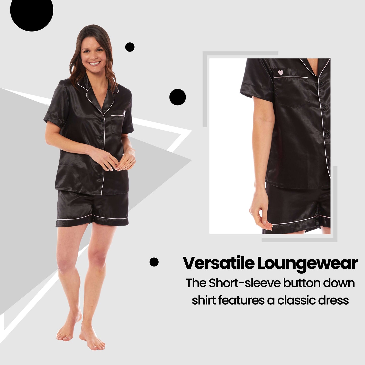 Women's Satin Silk Short Pyjama Set Soft Breathable Nightwear Loungewear PJs Black Pink Grey UK Sizes 8-22 by Daisy Dreamer