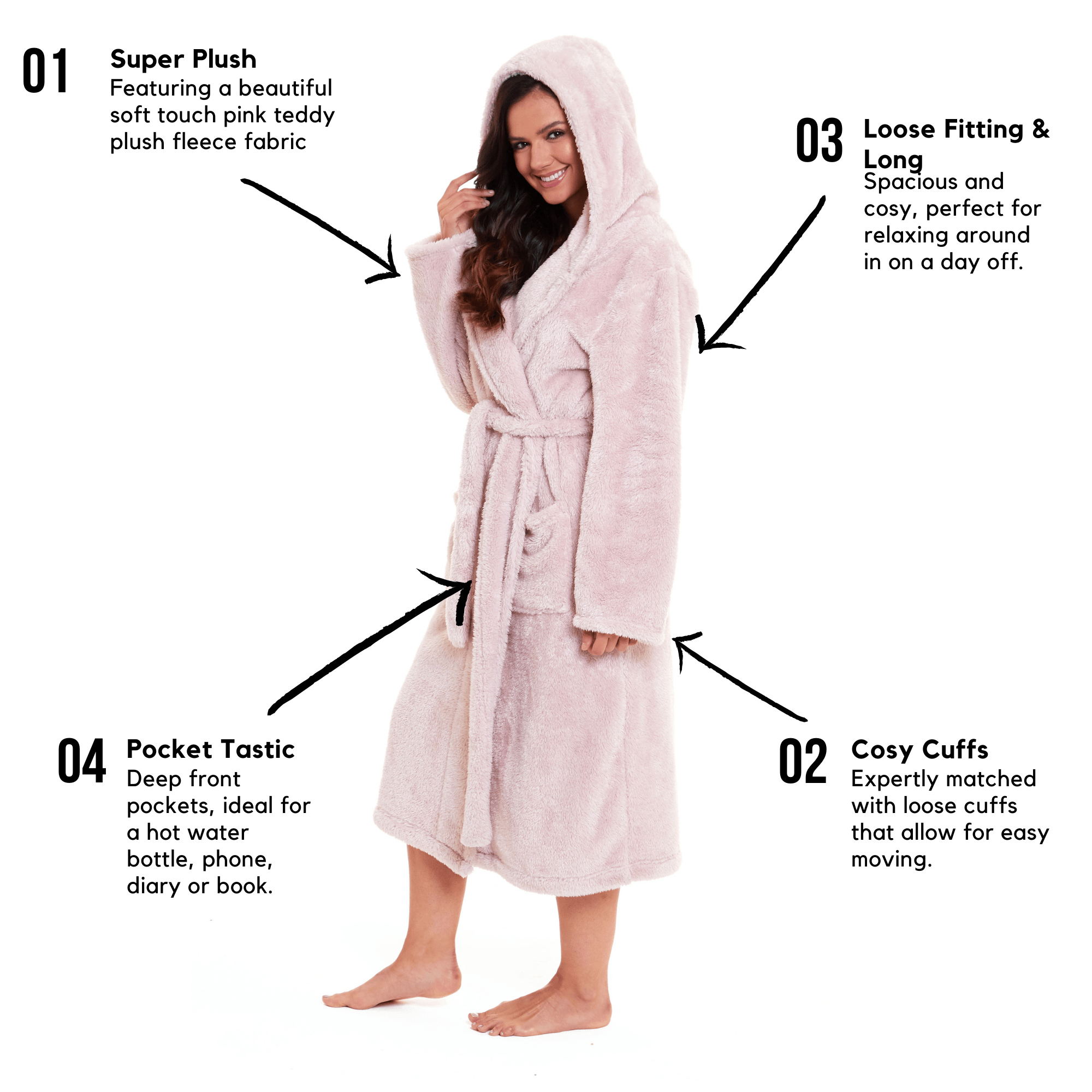 Daisy Dreamer Women's Fleece Hooded Robe Snuggle Touch Velvet-Soft Loungewear UK Sizes 8-22 Green Grey Pink Cozy Bath Spa Home