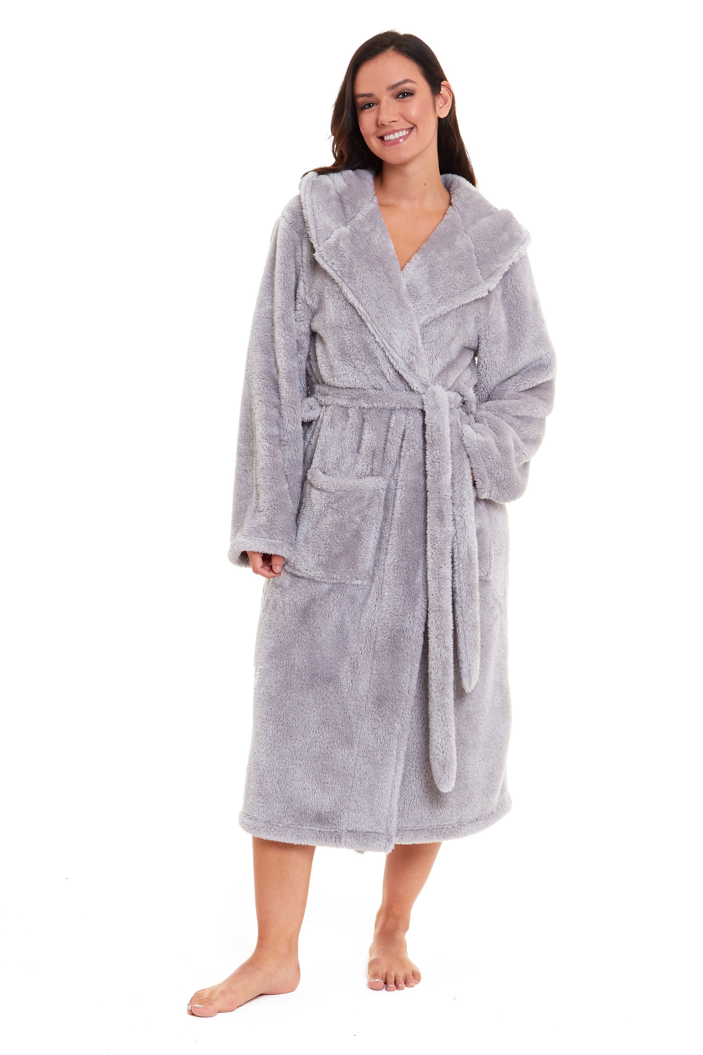 Daisy Dreamer Women's Fleece Hooded Robe Snuggle Touch Velvet-Soft Loungewear UK Sizes 8-22 Green Grey Pink Cozy Bath Spa Home