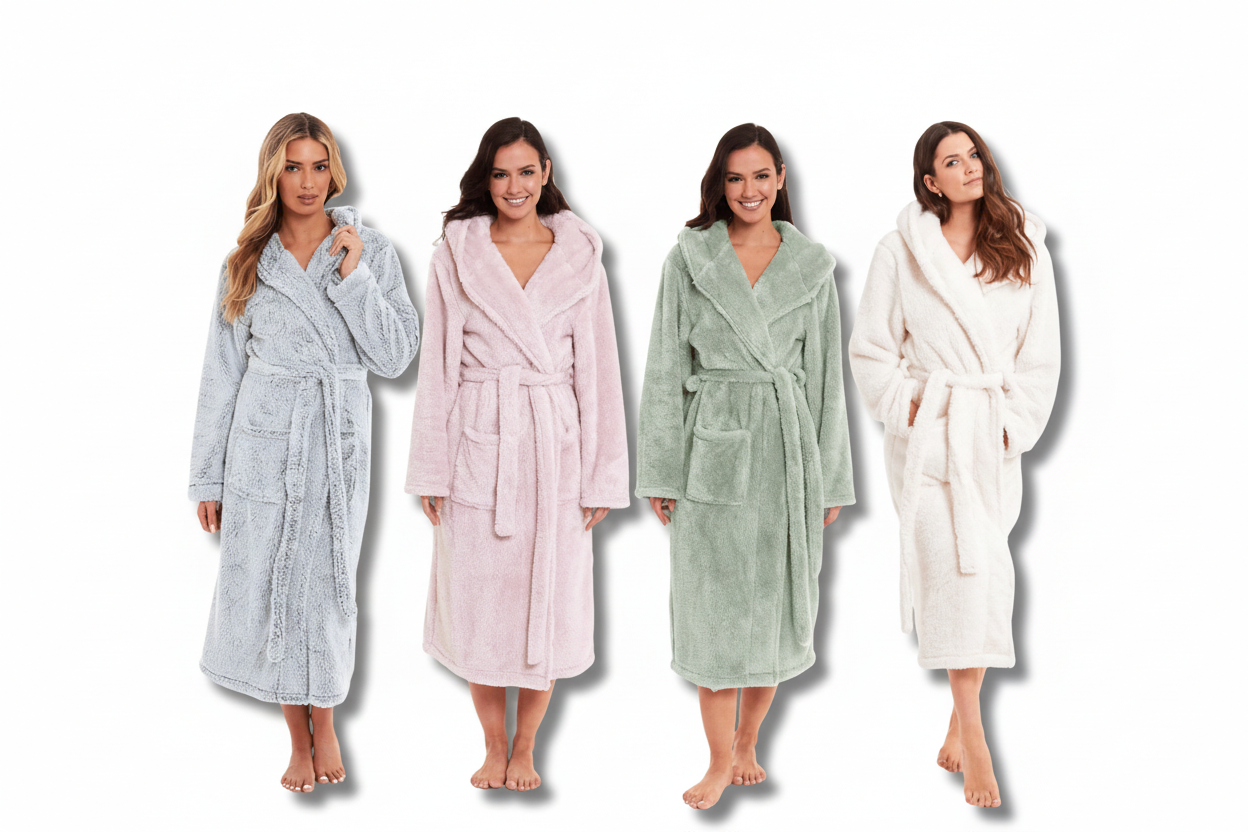 Daisy Dreamer Women's Fleece Hooded Robe Snuggle Touch Velvet-Soft Loungewear UK Sizes 8-22 Green Grey Pink Cozy Bath Spa Home