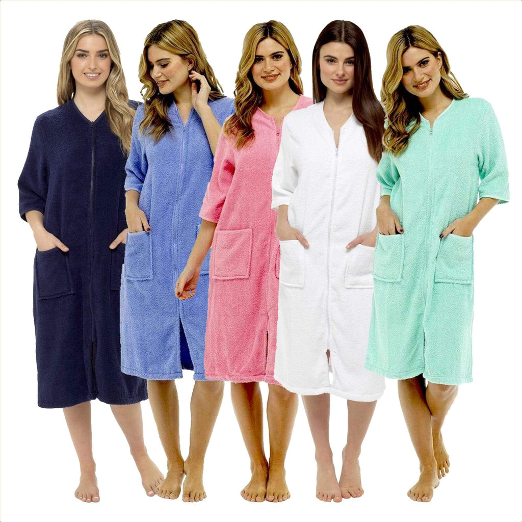 OLIVIA ROCCO Women's Terry Towelling Zip-Through Bathrobe 100% Cotton Ultra Absorbent Soft Fluffy Lounge Wear UK Sizes 8-22