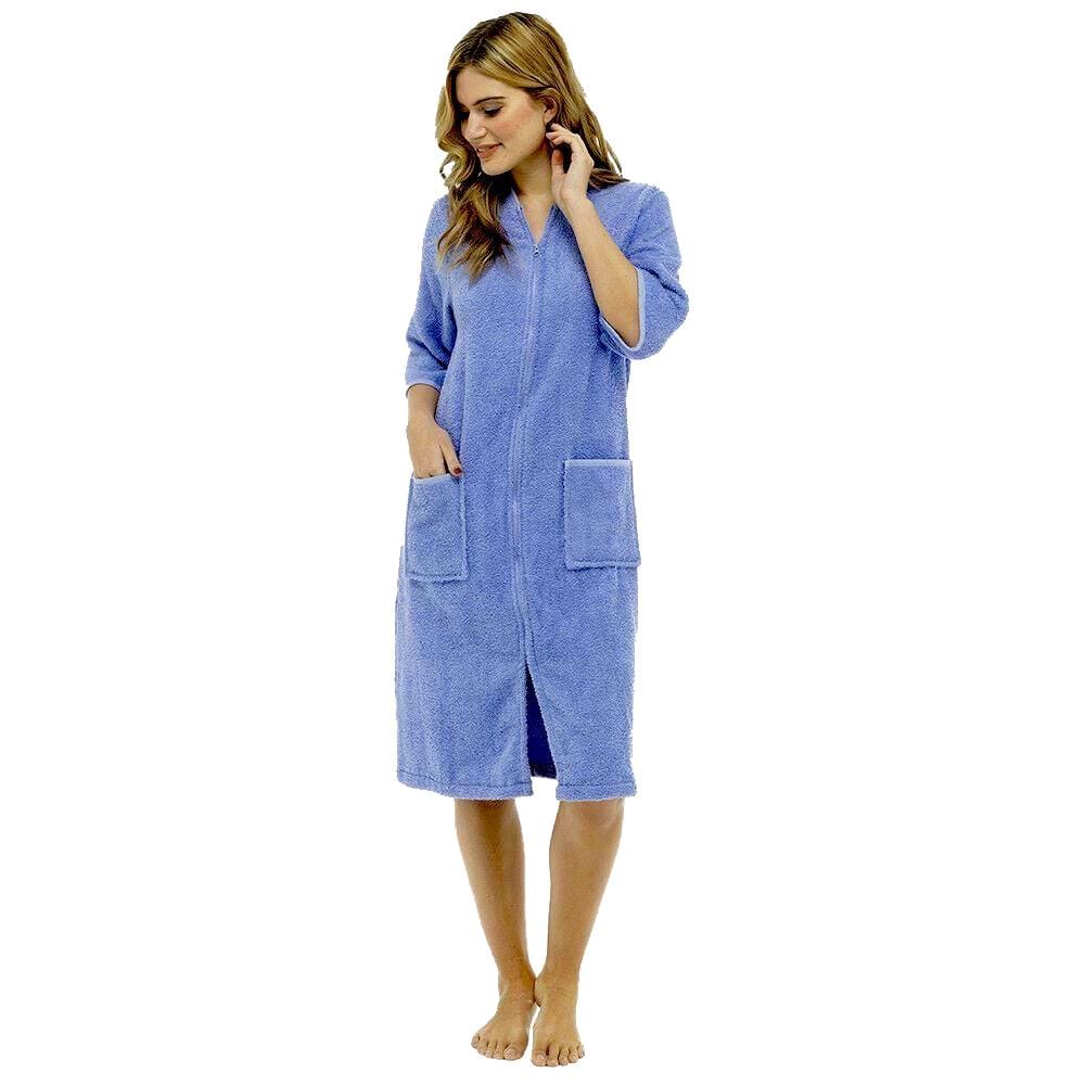 OLIVIA ROCCO Women's Terry Towelling Zip-Through Bathrobe 100% Cotton Ultra Absorbent Soft Fluffy Lounge Wear UK Sizes 8-22