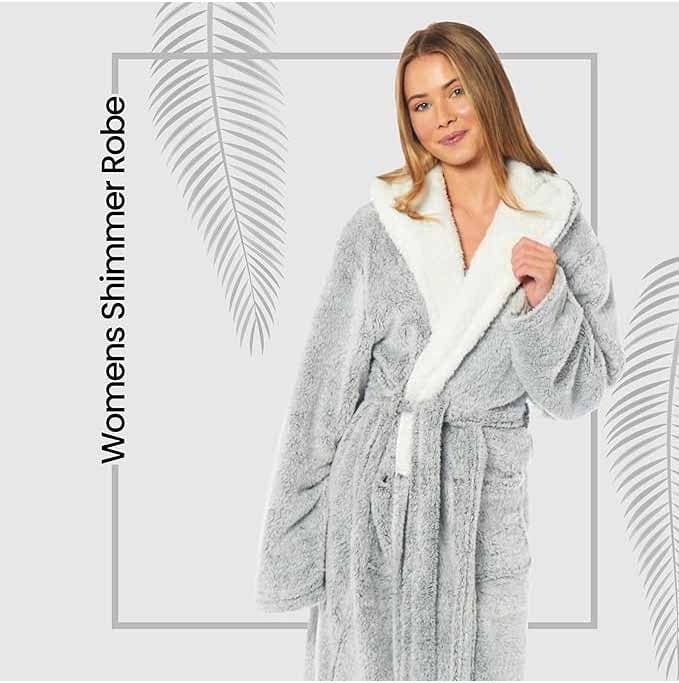 Women's Soft Plush Shimmer Fleece Hooded Bath Robe Luxurious Dressing Gown for Lounging and Sleeping in Shimmer Grey Multiple Sizes by Daisy Dreamer